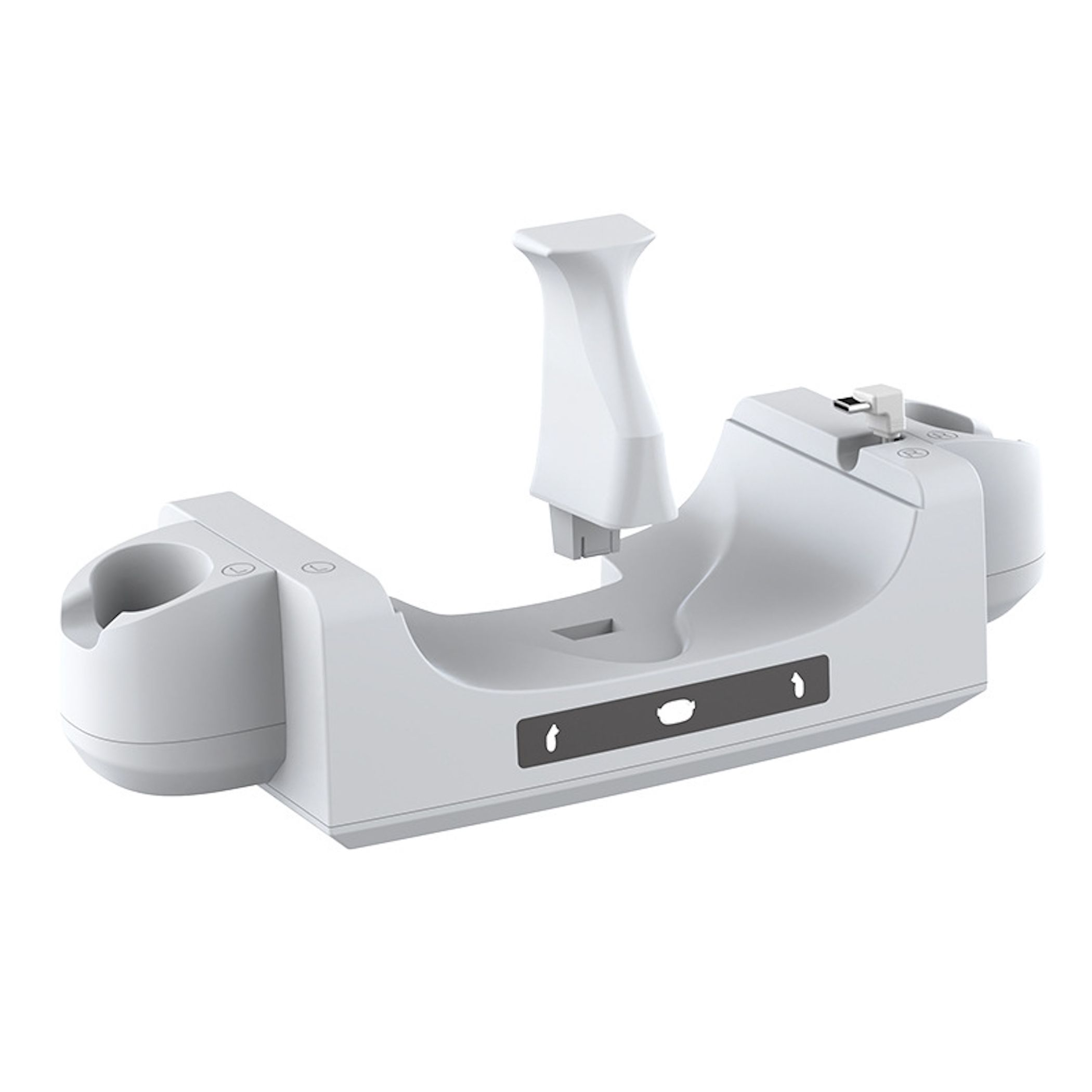Ein weißes Ladegerät mit einem USB-C-Anschluss und einer Halterung.
