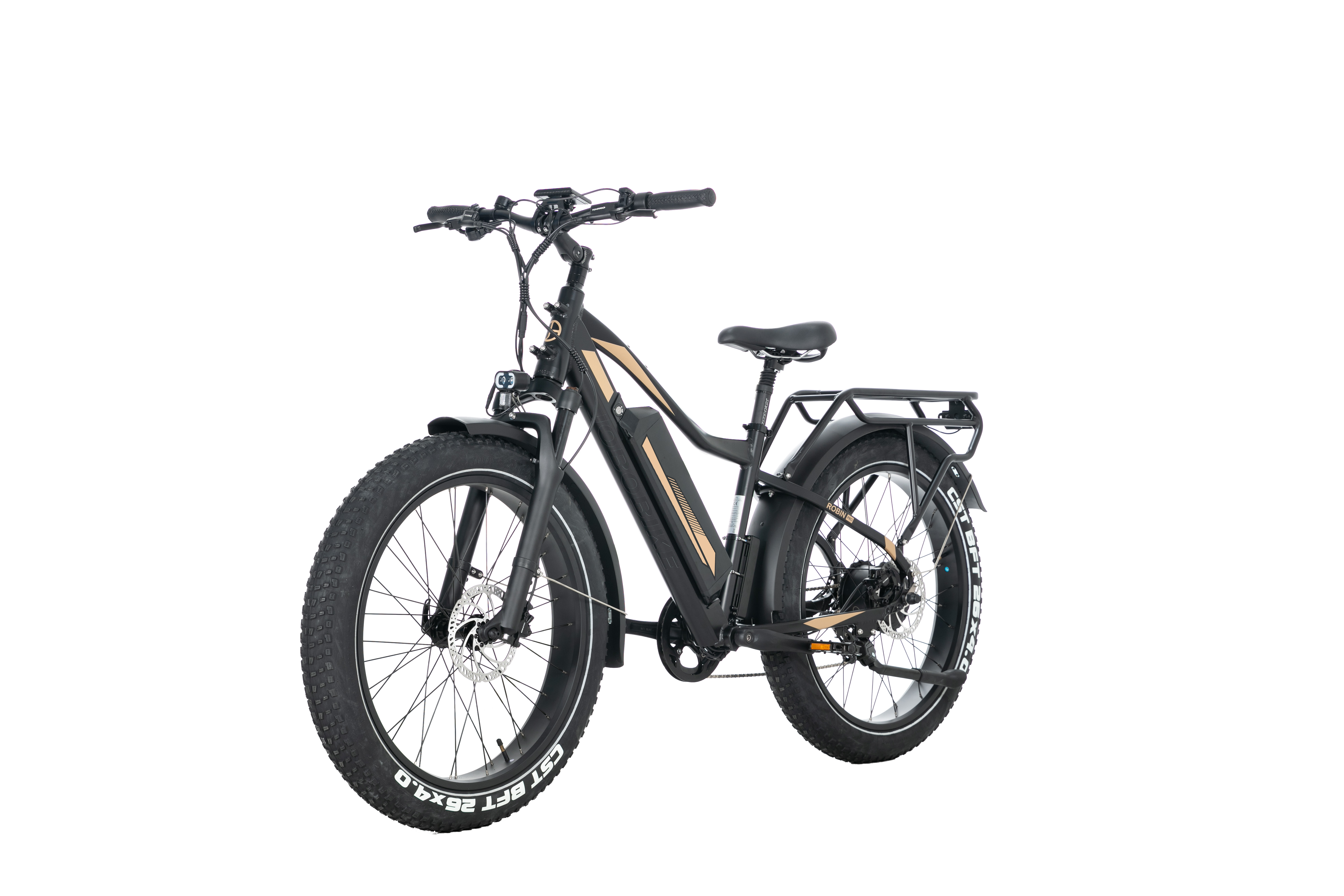 Schwarzes E-Bike mit fetten Reifen, Gepäckträger und goldener Verkleidung.