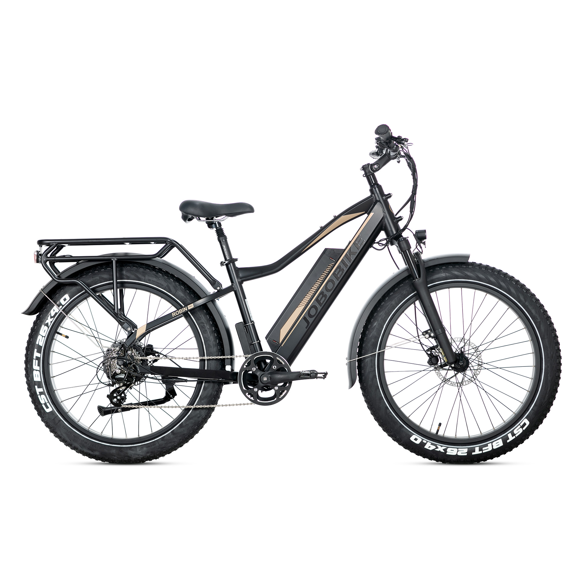 Schwarzes E-Bike mit dicken Reifen, Gepäckträger und goldfarbenem Akzent.