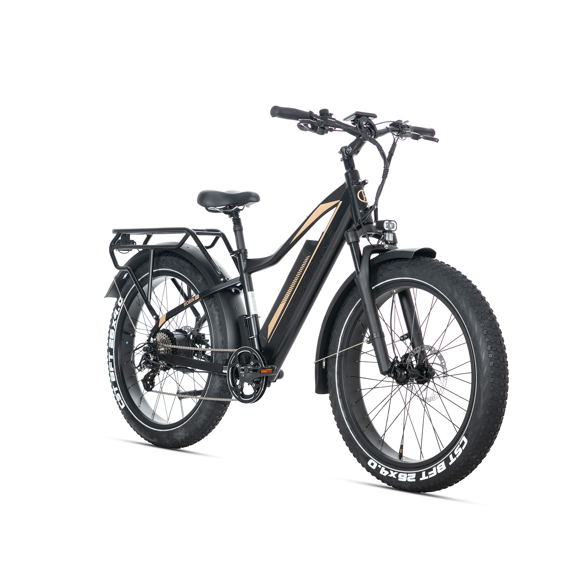 Schwarzes E-Bike mit dicken Reifen, Gepäckträger und seitlichem Holzdekor.