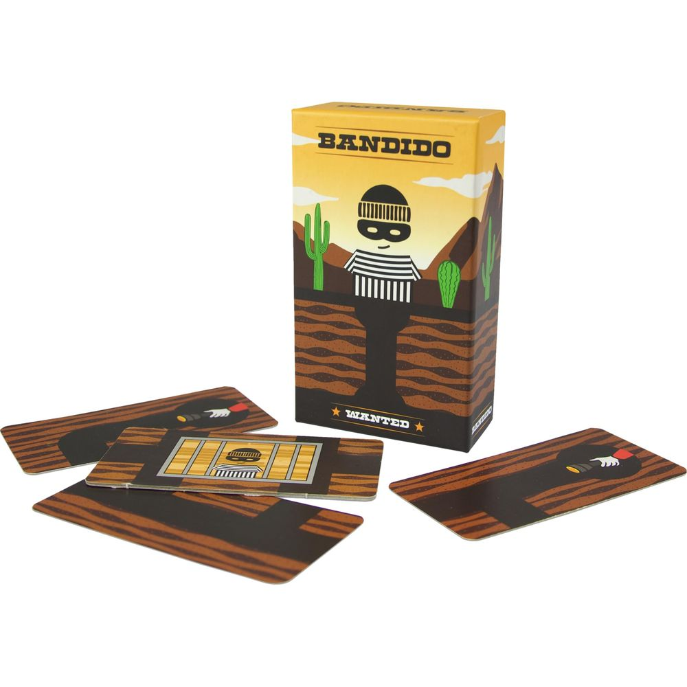 Boîte de jeu Bandido avec cartes sur le thème Western sur fond blanc.