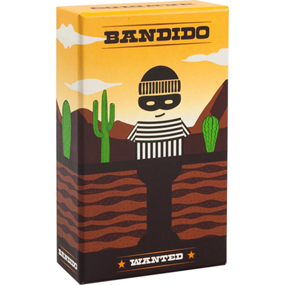 Une boîte de jeu représentant un bandit de dessin animé dans un désert avec cactus et montagnes.