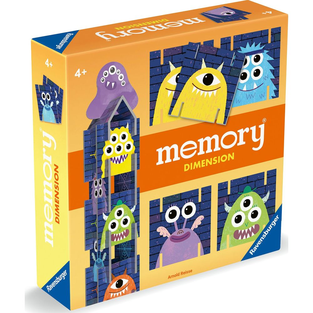 Ravensburger Memory Dimension Spielbox mit bunten Monstern und Zahlen.