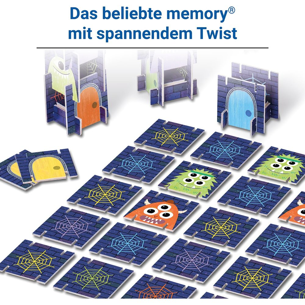 Monster-Memoryspiel mit Burgtürmen und bunten Monsterkarten.