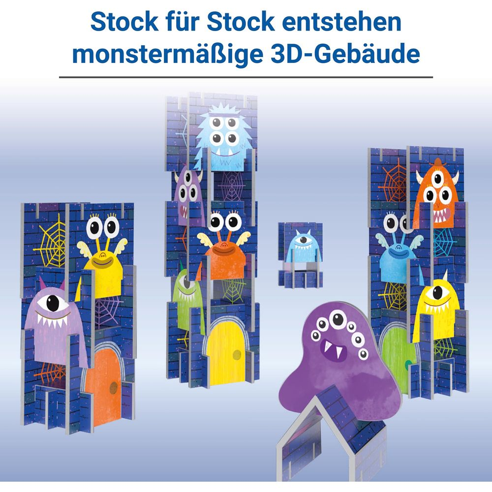 Bunte 3D-Monstergebäude aus Pappe mit Türen und Spinnennetzen.