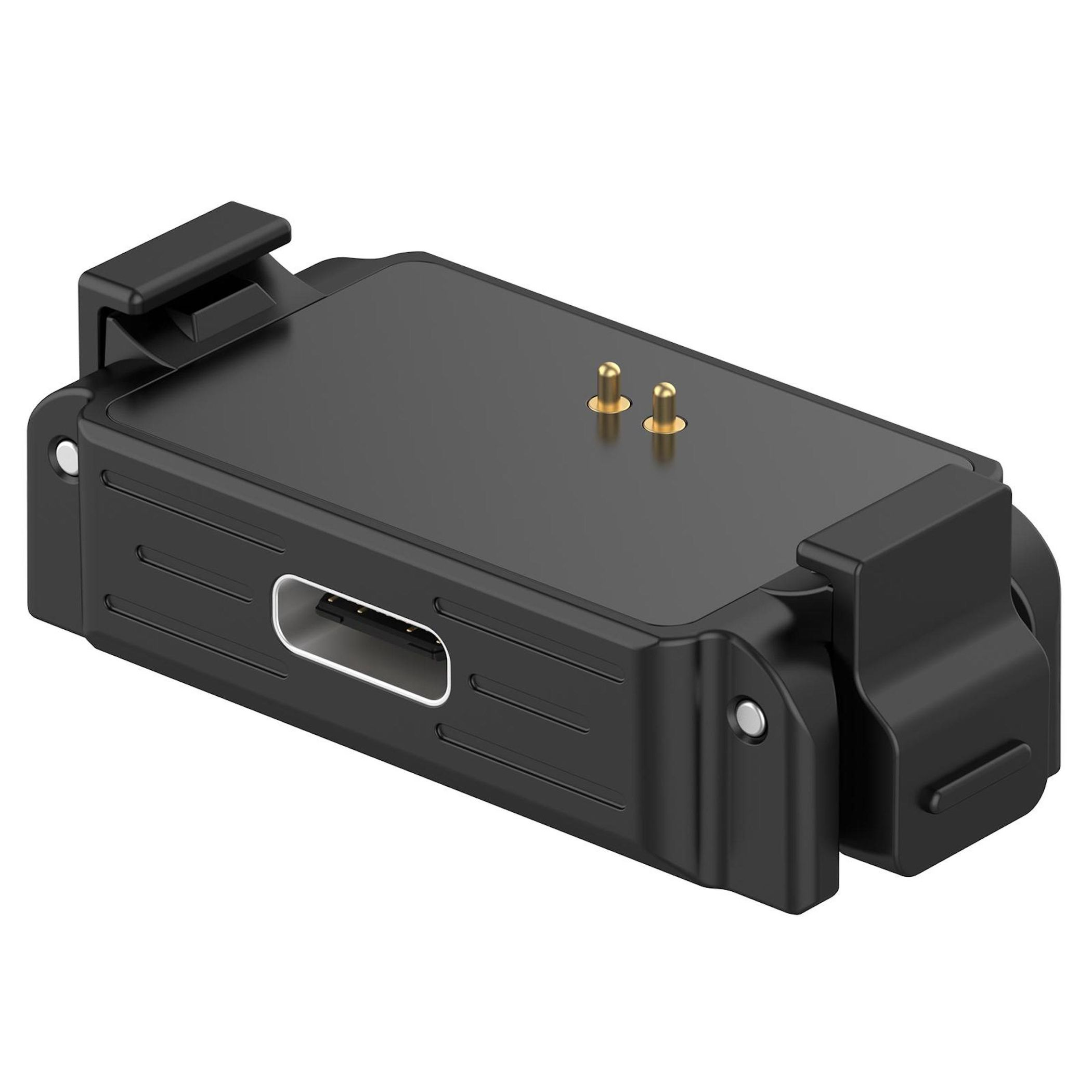 Schwarzes Ladegerät mit USB-C-Anschluss und zwei goldenen Pins.