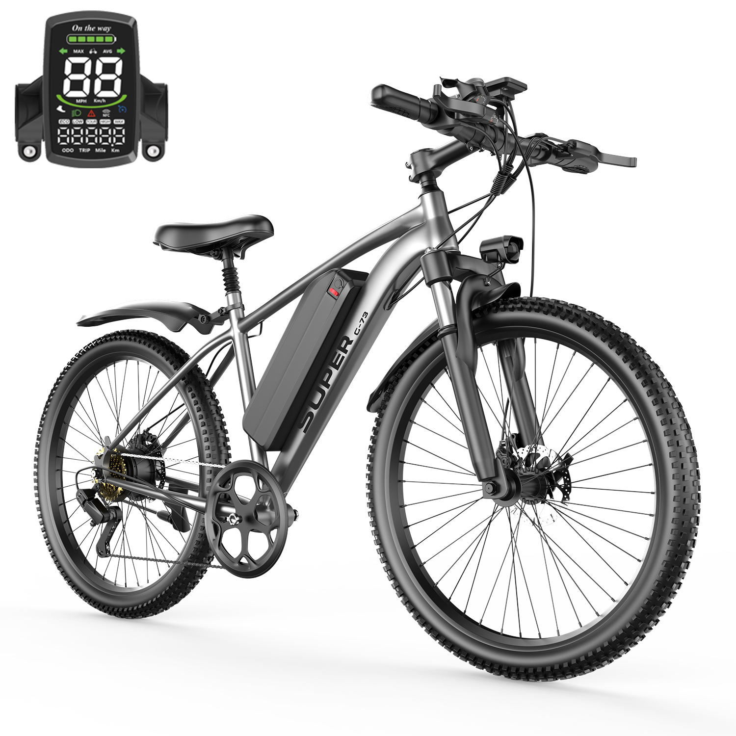 Bicicleta eléctrica gris con batería y pantalla negras. Luz de fondo blanca.