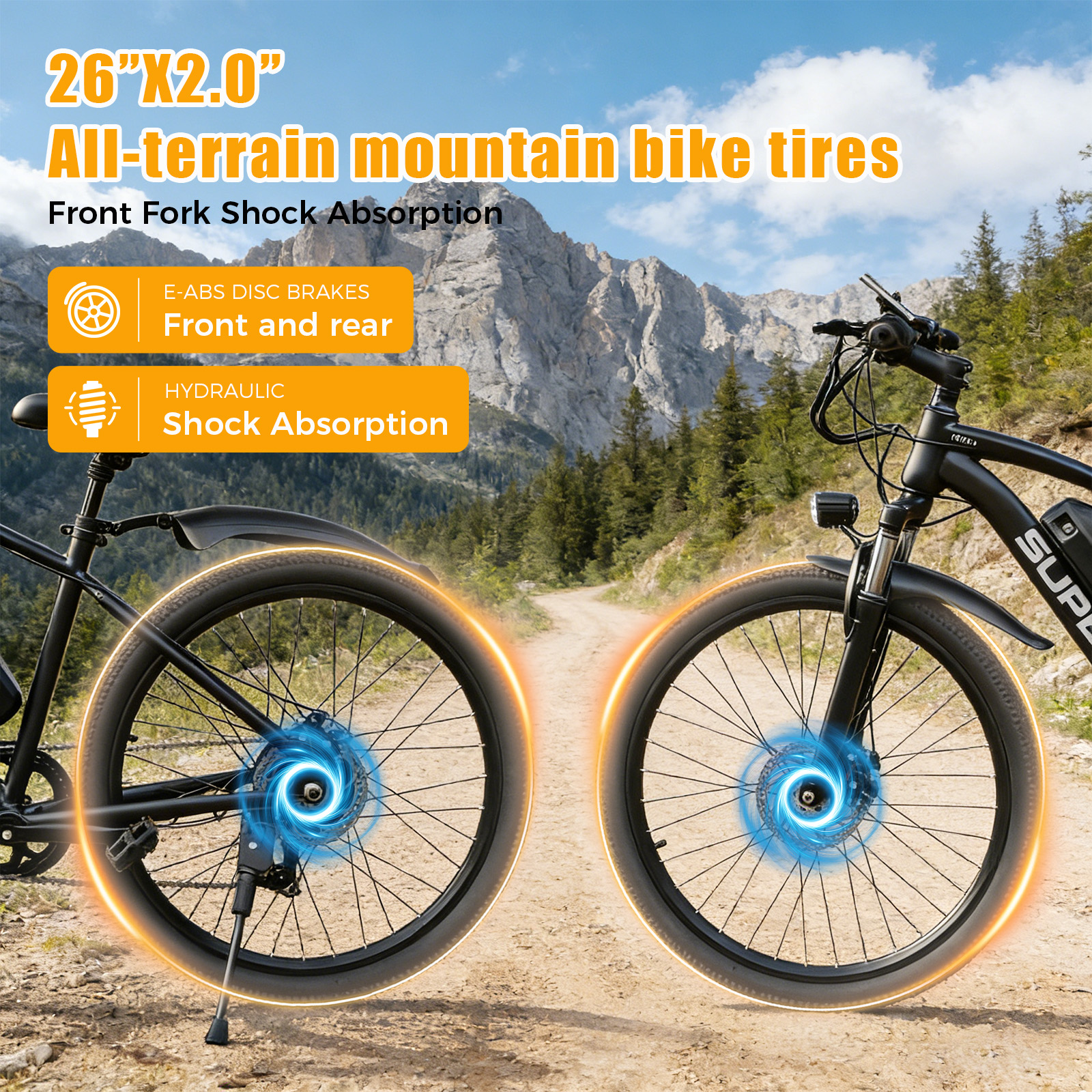 Bicicleta de montaña negra con ruedas anchas en camino de tierra, montañas.