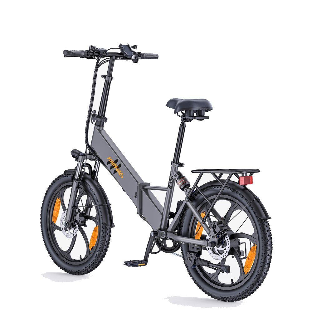 Graues Faltebike mit schwarzem Sattel und Gepäckträger. Weiße Hintergrund.