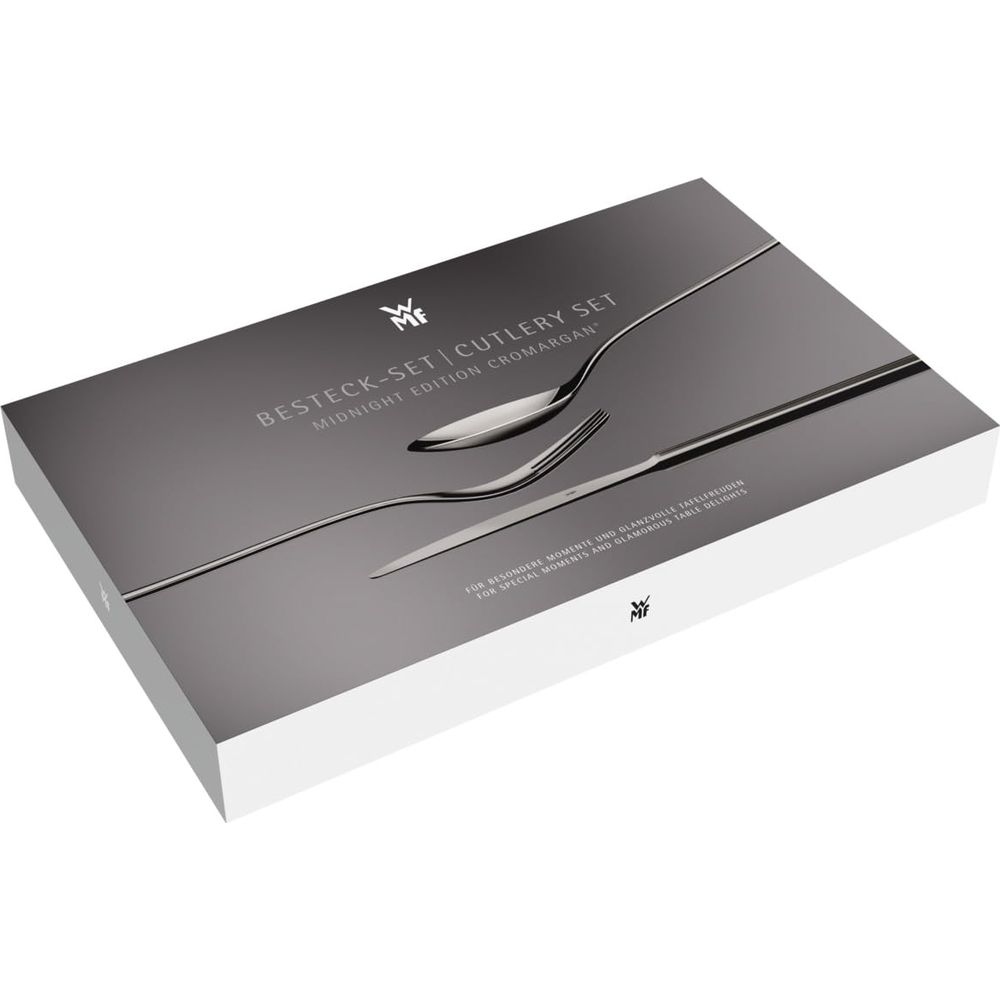 Scatola set posate nera con posate argentate e scritta.