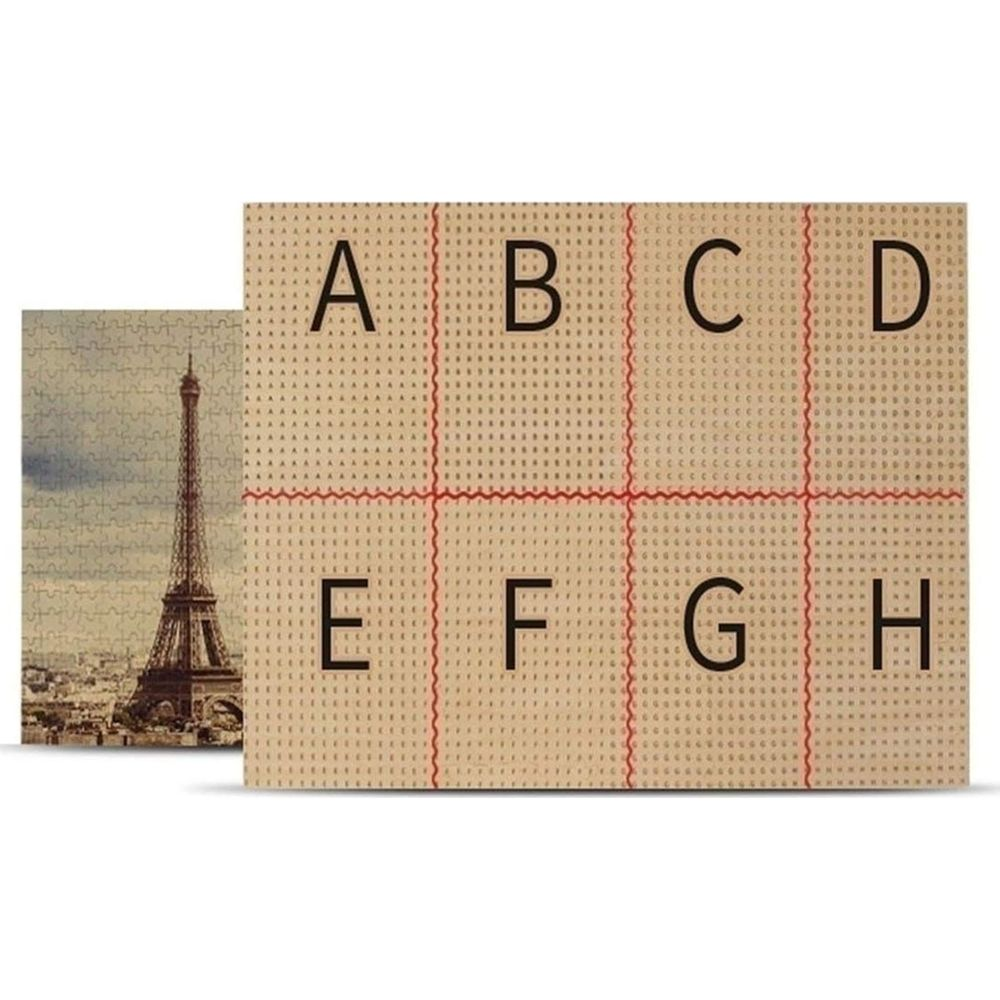 Puzzle z Wieżą Eiffla obok wzoru haftu krzyżykowego z literami A-H.