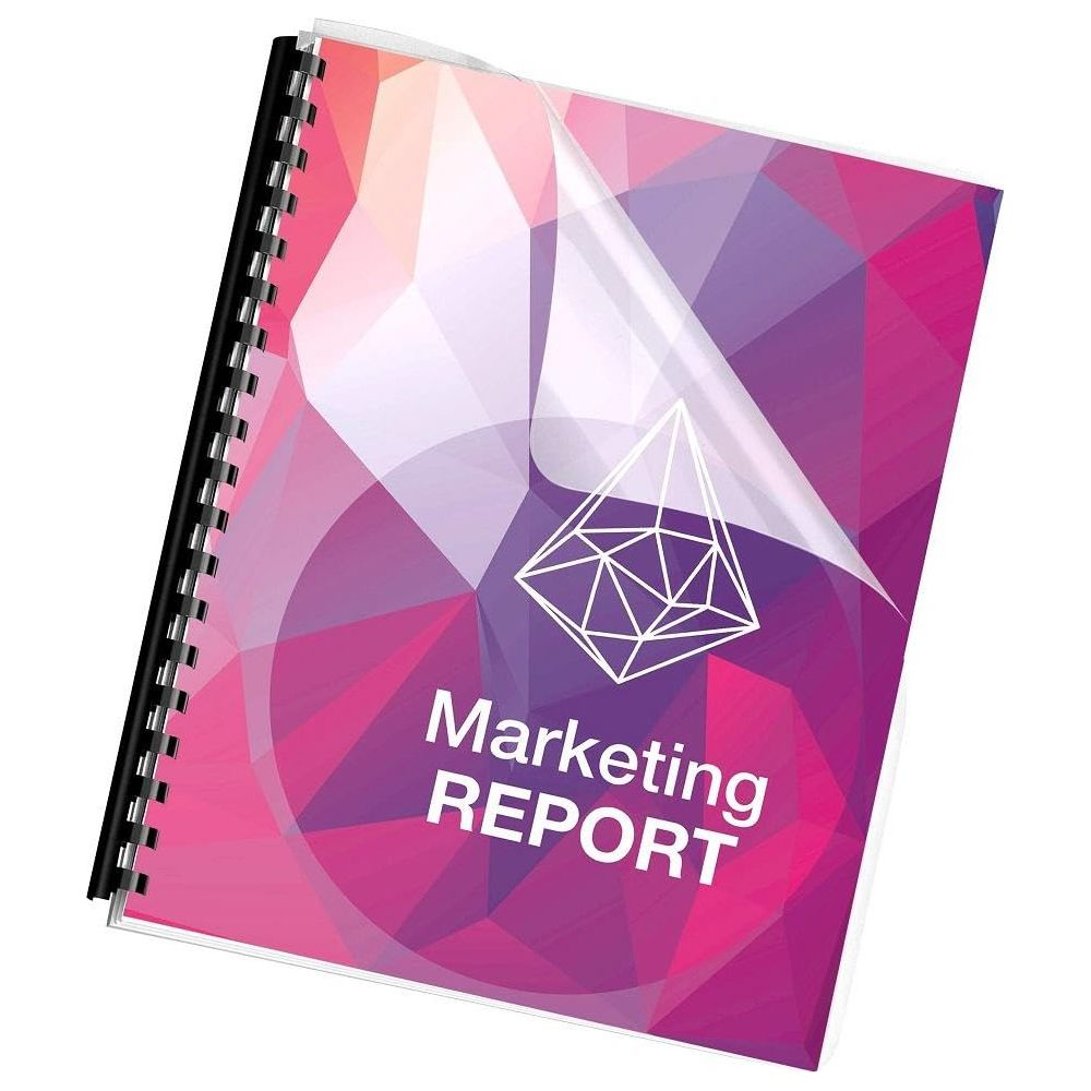 Ein Marketingbericht mit einem geometrischen Muster in Lila und Rosa. Ein Logo ist oben abgebildet.
