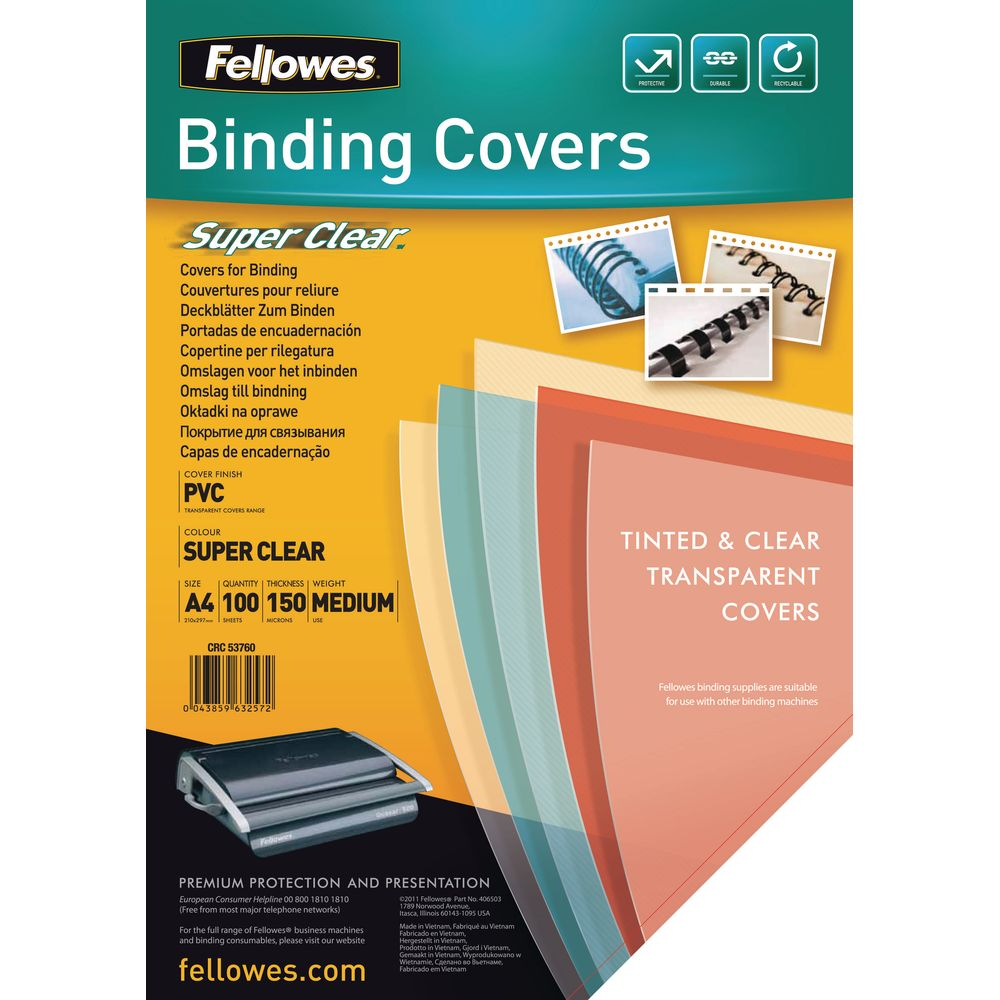 Fellowes Bindemappen: Super Clear, PVC, A4, 100/150 Microns, transparent und getönt.