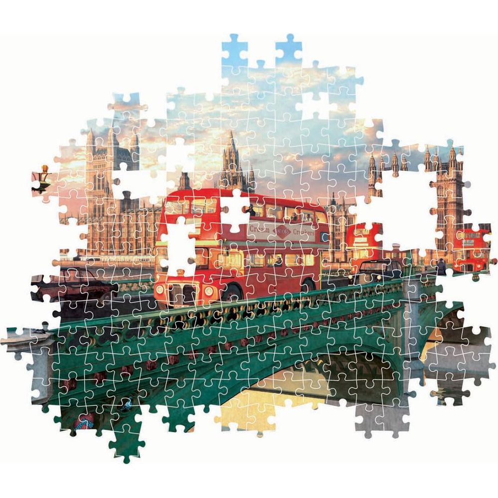 Un puzzle montre le Parlement de Londres, un bus rouge à impériale et un pont vert.
