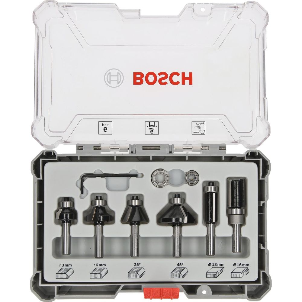 Jeu de mèches de défonceuse Bosch dans une boîte grise.
