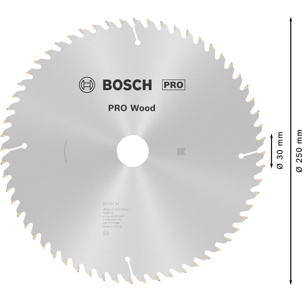 Lama per sega circolare Bosch Pro Wood, diametro 250mm, foro 30mm.