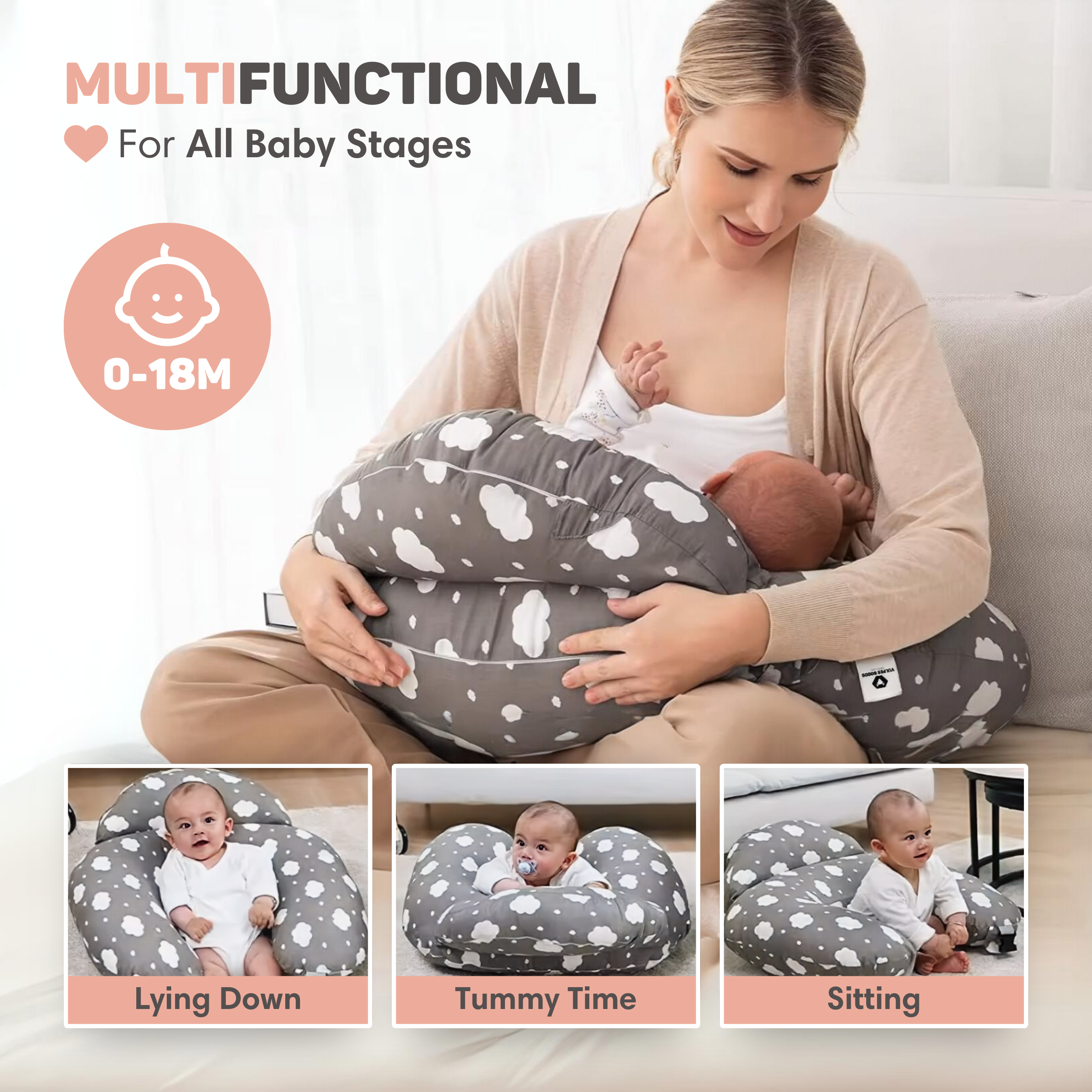 Moeder voedt baby op wolkenkussen. Baby's liggen, zitten & buiktijd.