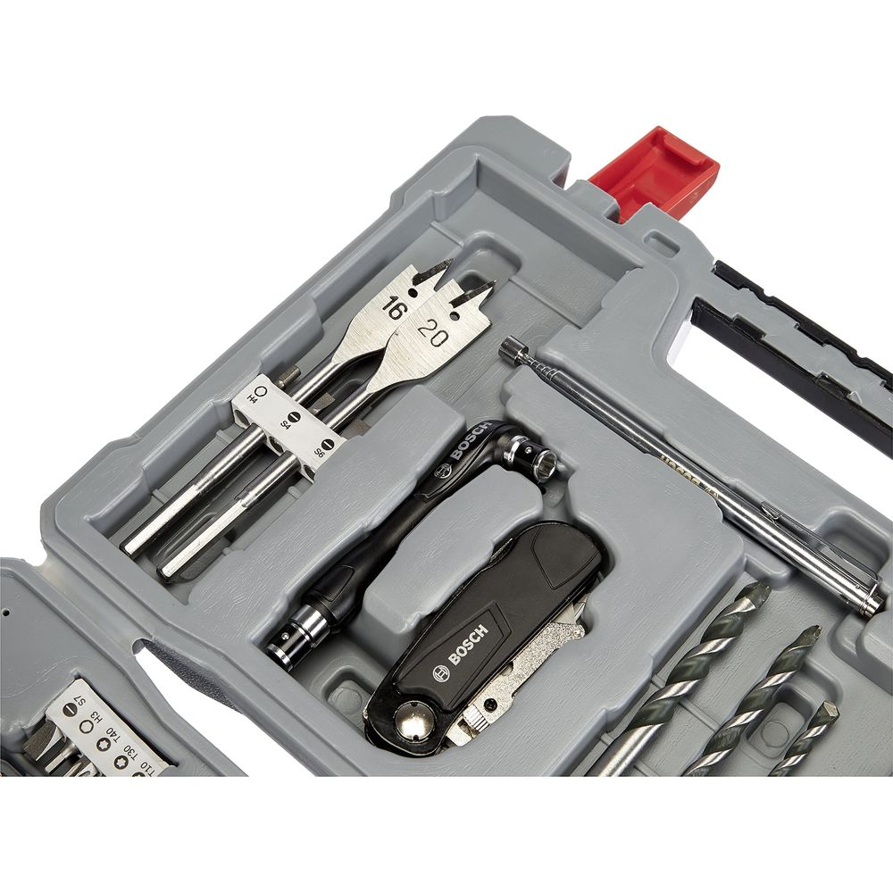 Walizka narzędziowa z wiertłami i narzędziem wielofunkcyjnym Bosch.
