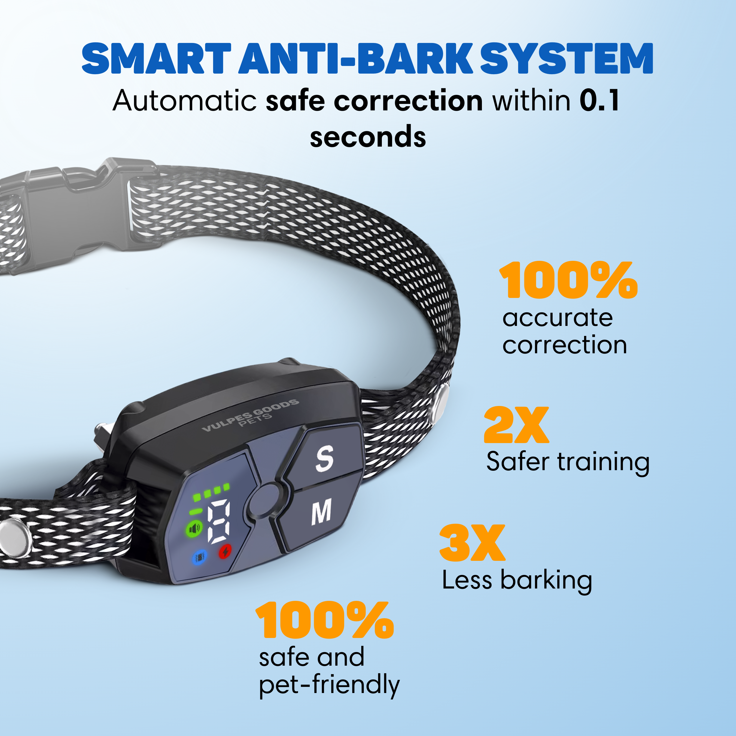 A smart anti-bark collar with digital display and buttons.