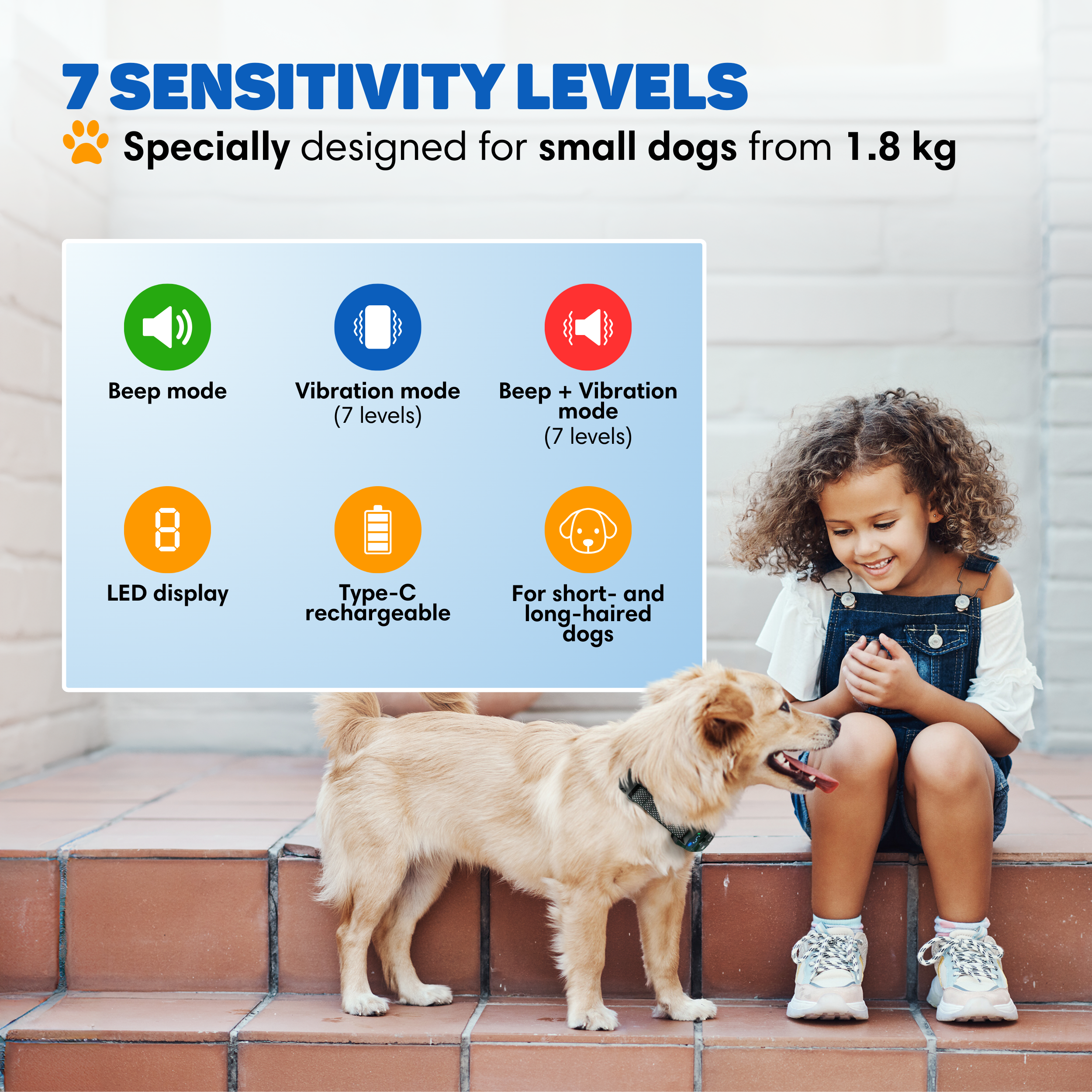 A girl and a dog sit on steps. Icons show modes, display & battery.