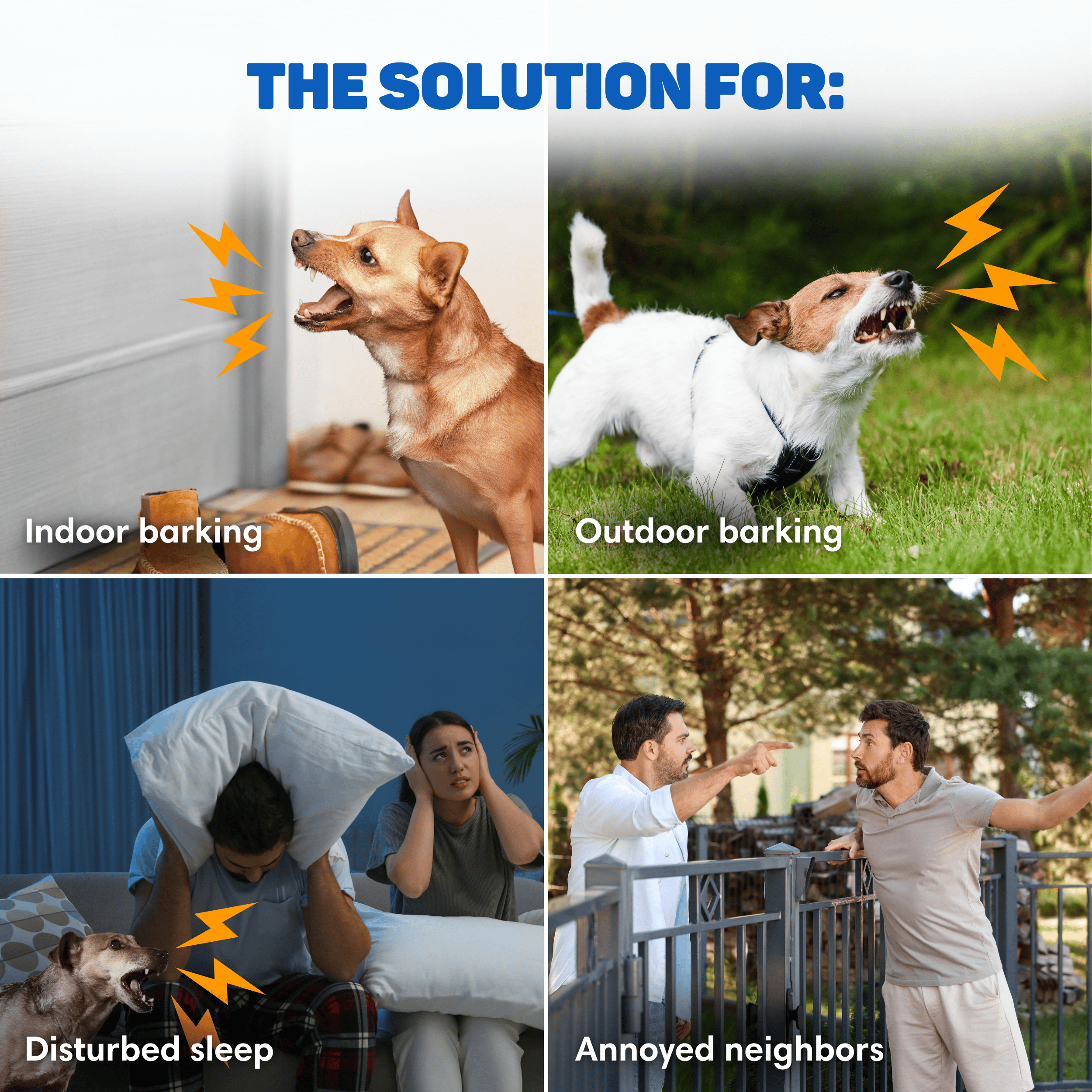 Dogs barking indoors and outdoors, disturbing sleep and annoying neighbors.