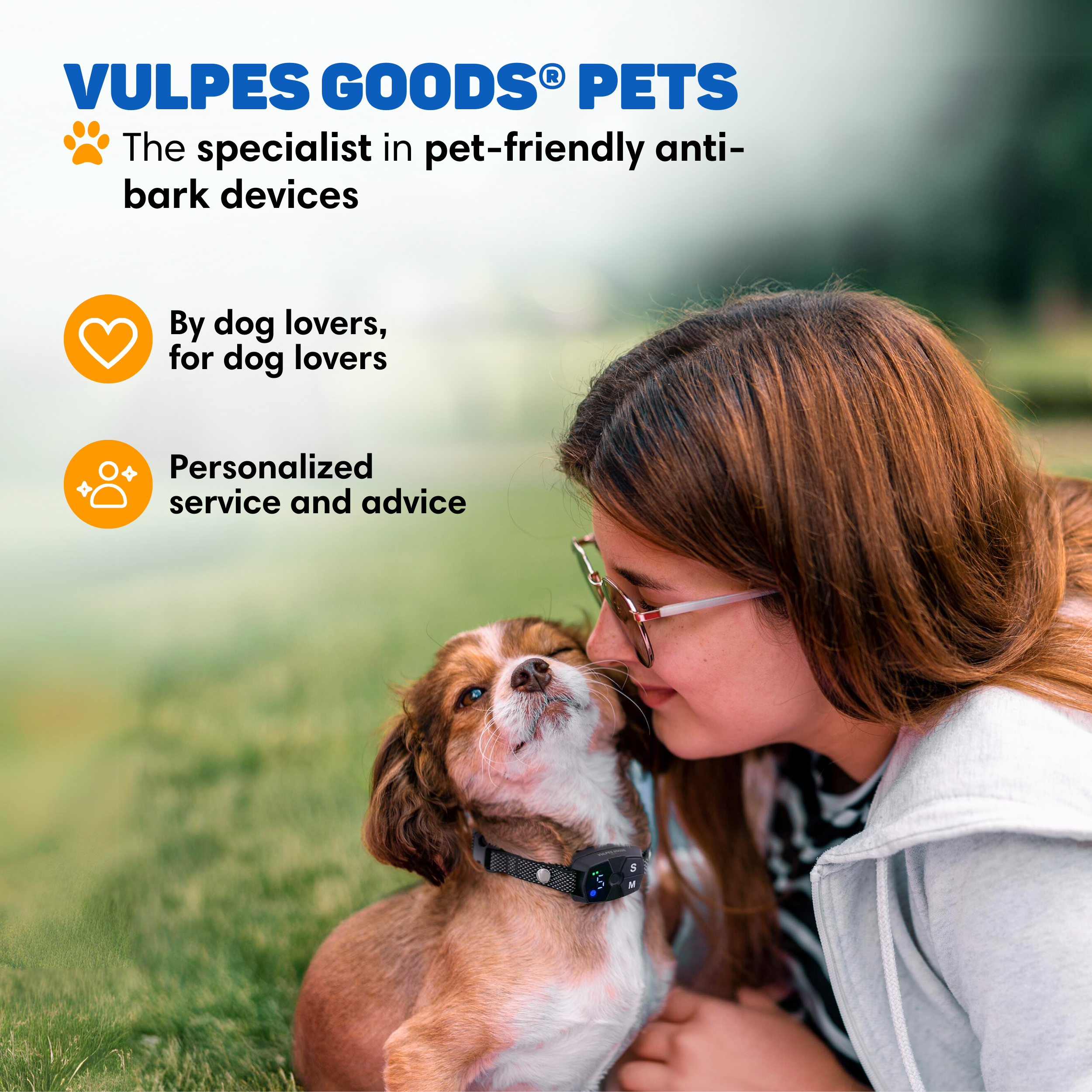 A girl kisses a small dog wearing a collar. Text advertises pet devices.