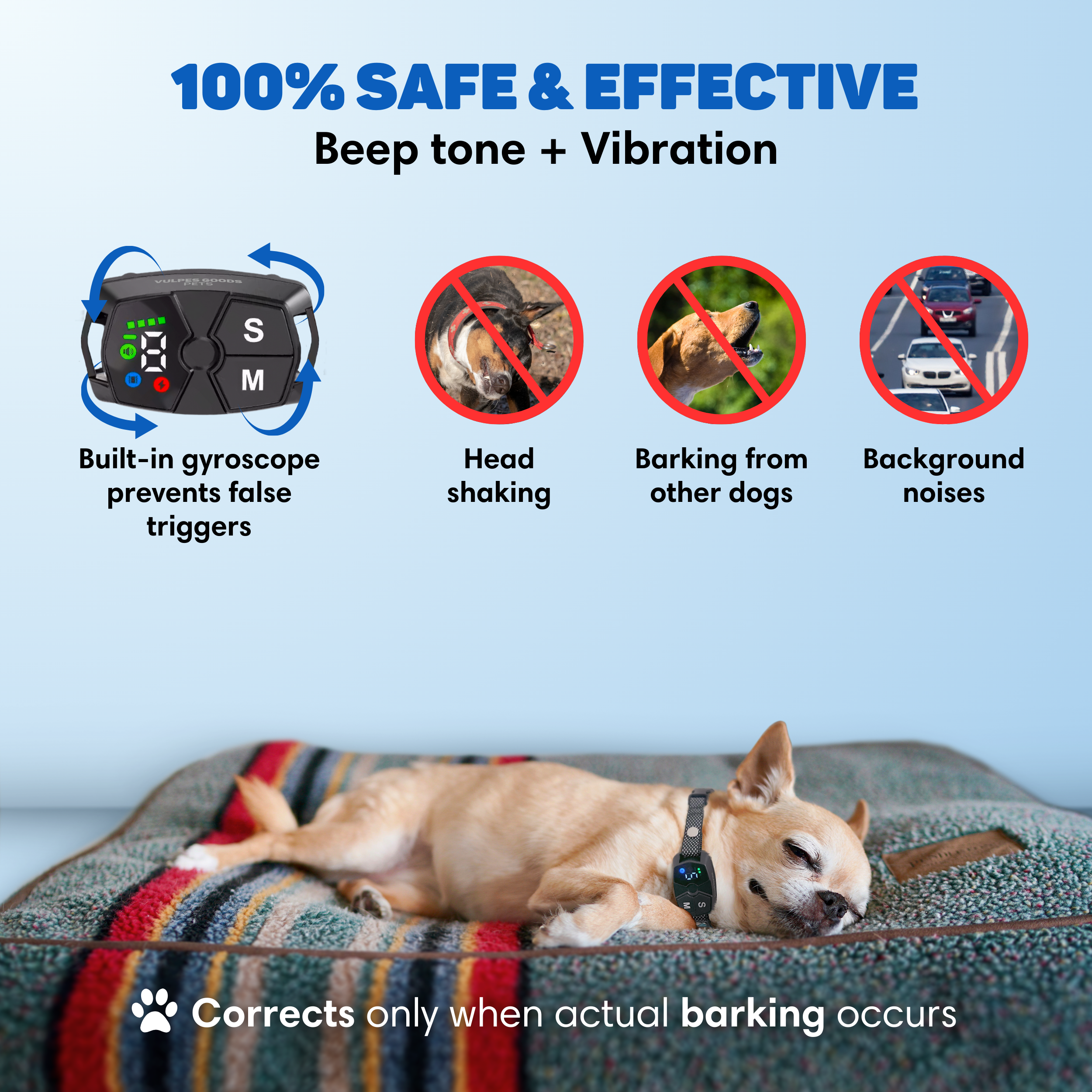 A dog sleeps on a bed. The image shows a collar with controls.