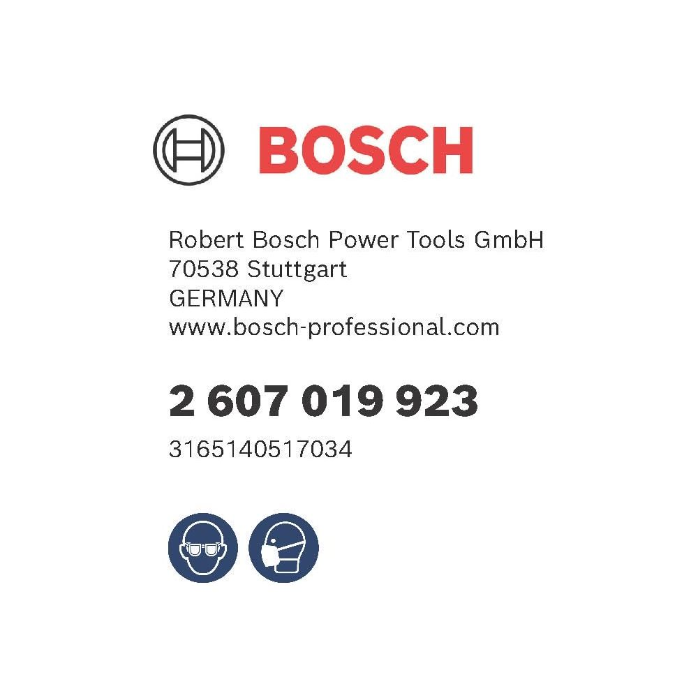 Logo Bosch, adres firmy, numer telefonu i ikony bezpieczeństwa.