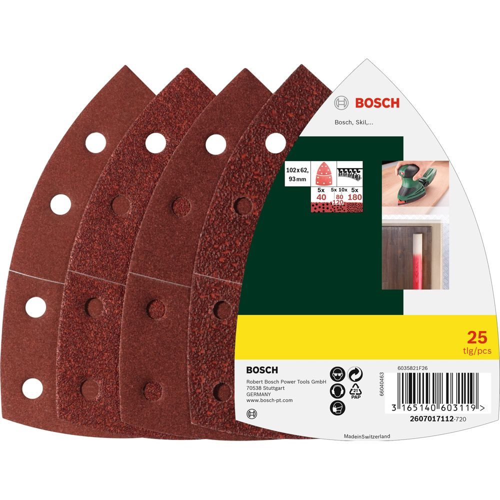 Een pak van 25 rode Bosch schuurpapier driehoeken met verschillende korrels.