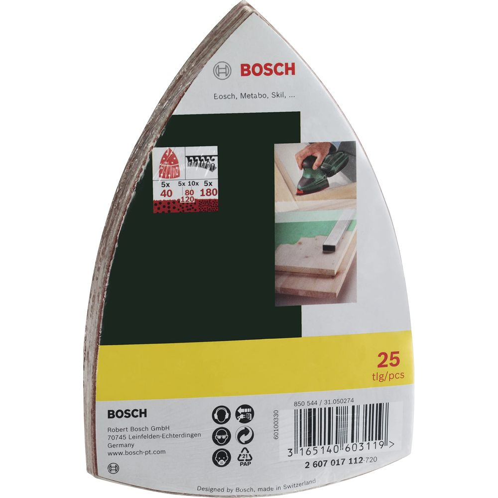 Een pak Bosch schuurpapier van 25 stuks, korrel 40, 80, 120 en 180.