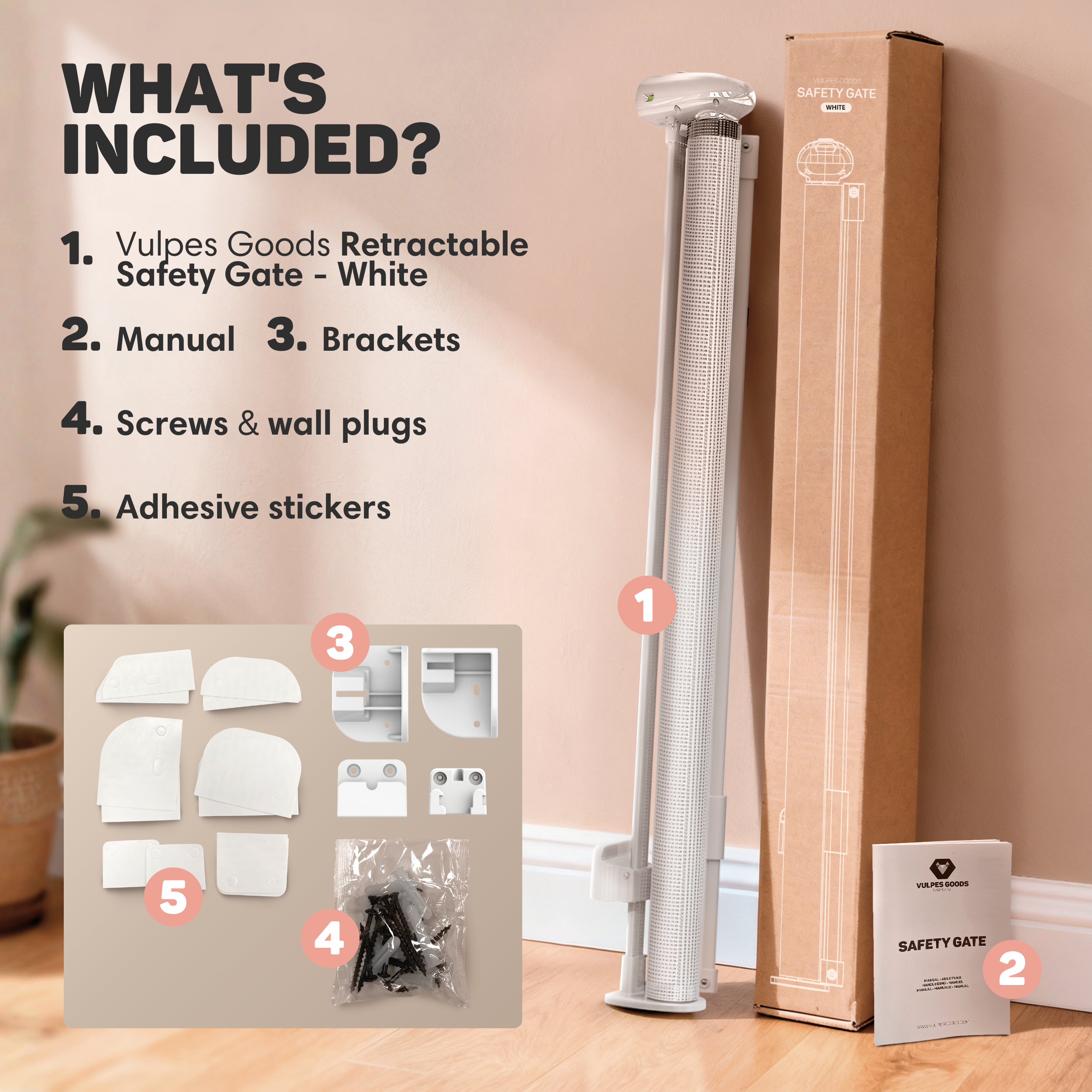 Inhoud: wit veiligheidshekje, handleiding, beugels, schroeven, pluggen, stickers.