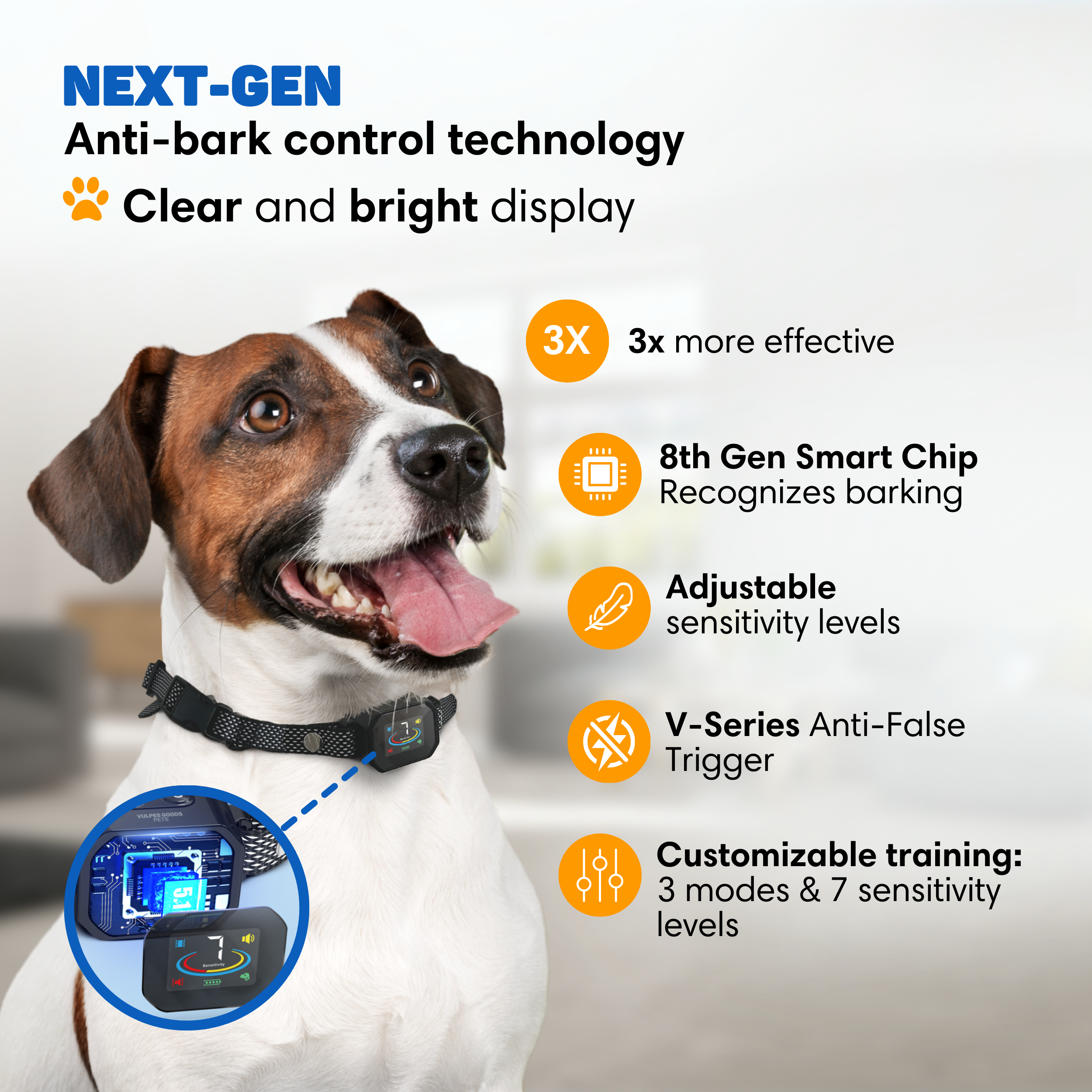 Dog wearing a collar, advertising 'NEXT-GEN Anti-Bark Control'. Tech details listed on the right.