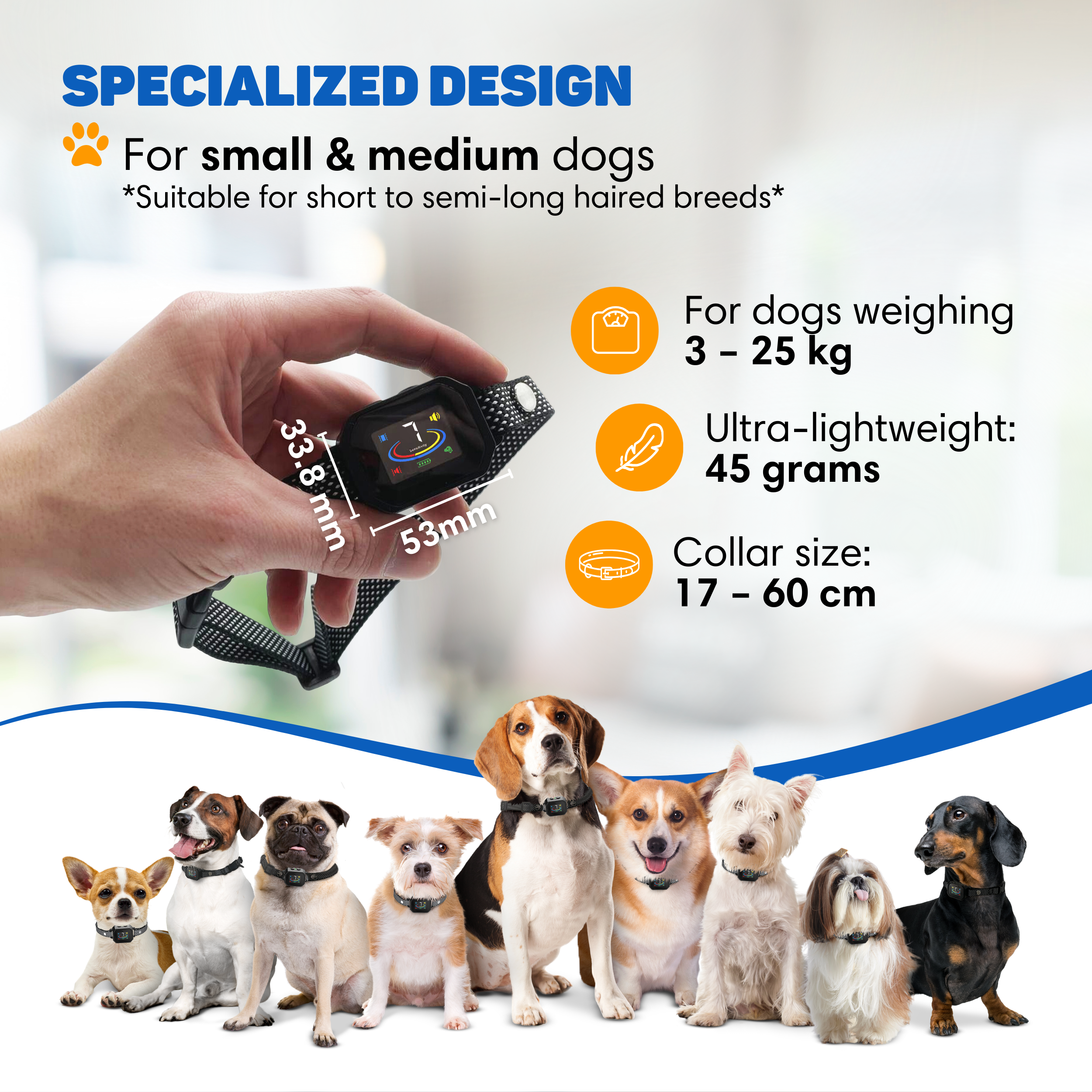 Hand holding a dog collar tracker. Multiple dogs in the foreground.