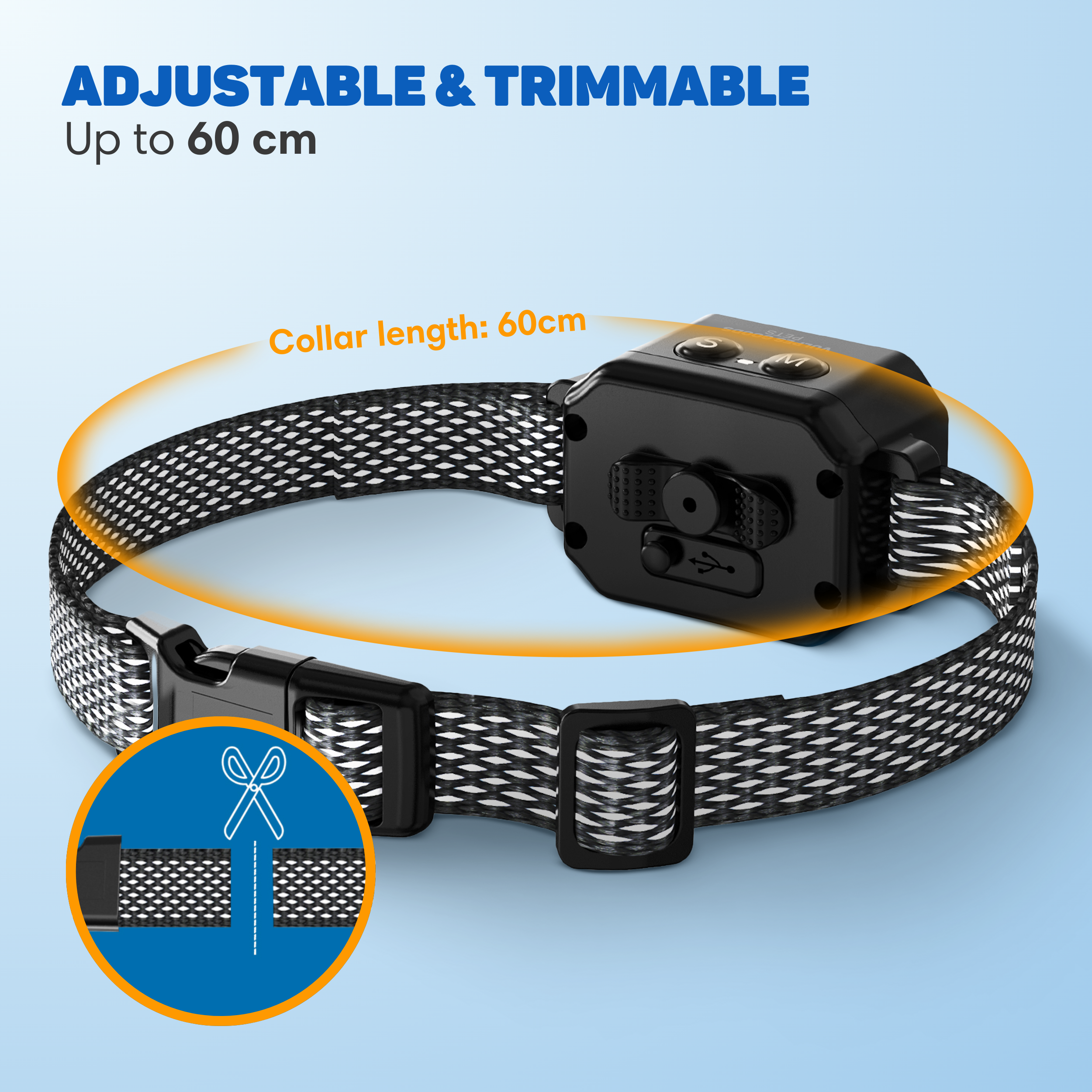 Adjustable dog collar, 60cm length, black and white pattern.