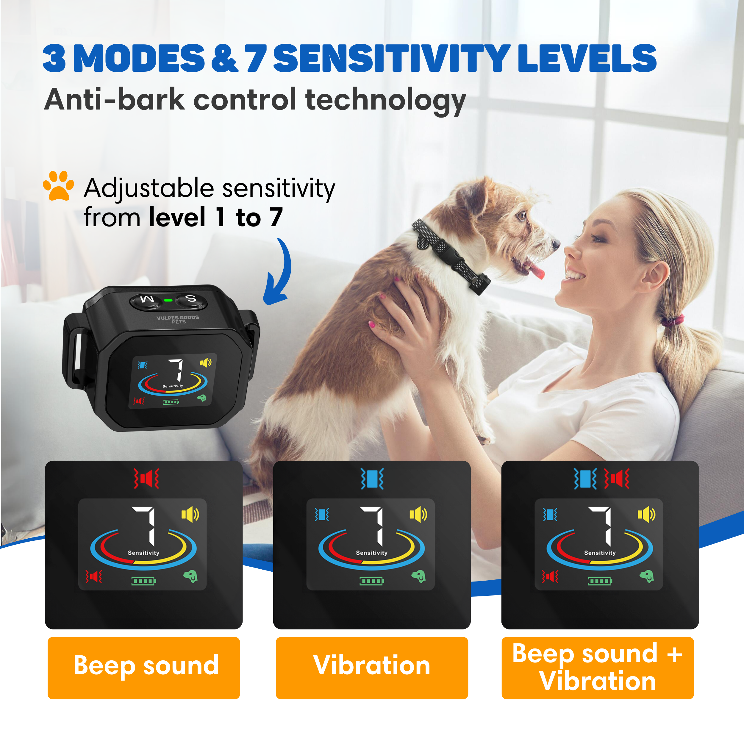 Dog collar with 3 modes and 7 sensitivity levels, shown on a dog.