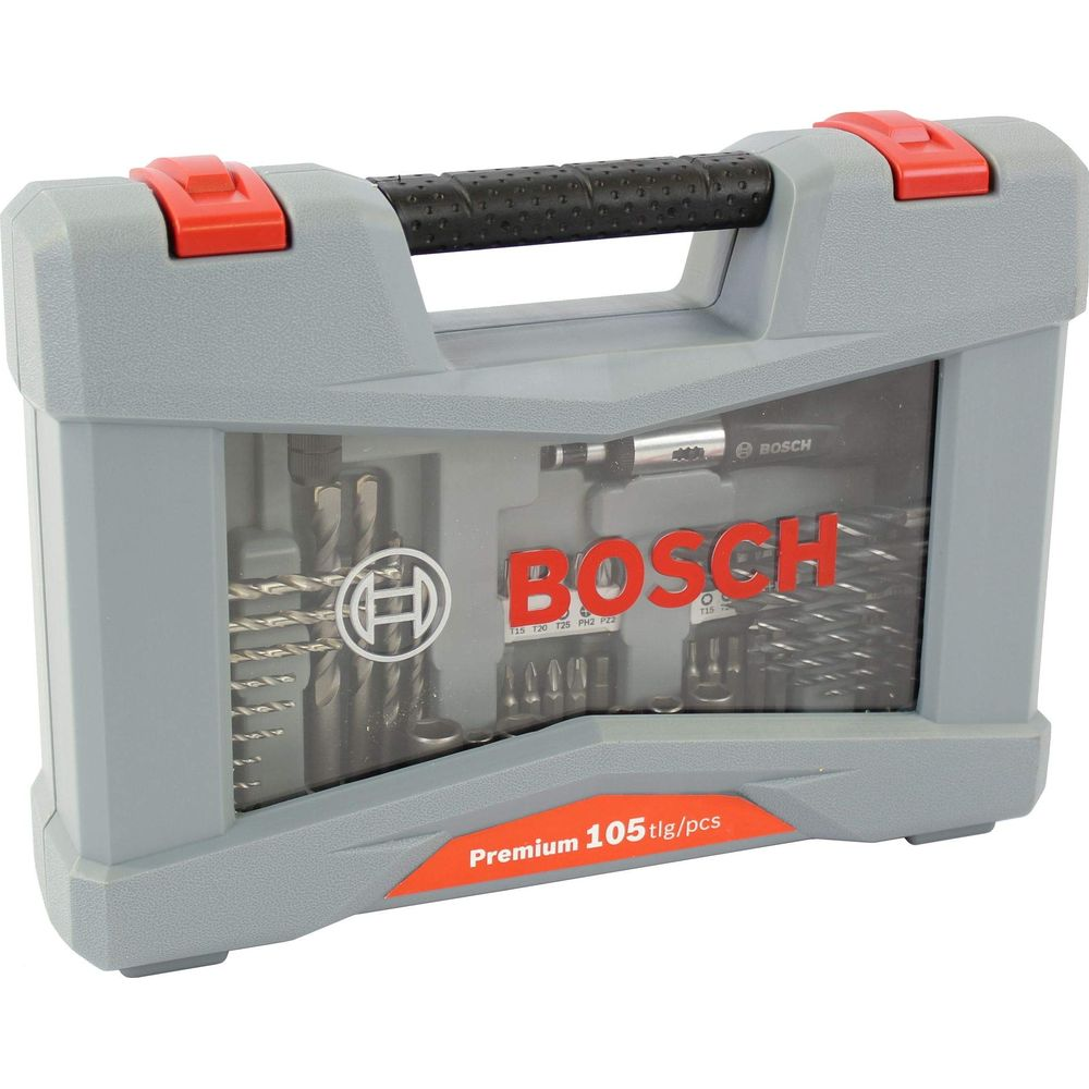 Valigetta Bosch grigia da 105 pezzi, punte e trapani visibili.