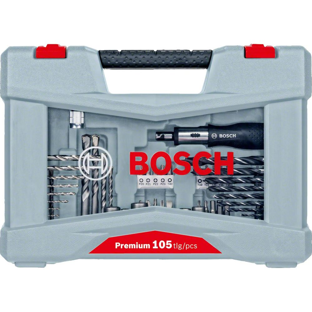 Custodia grigia con set di attrezzi Bosch, 105 pezzi.