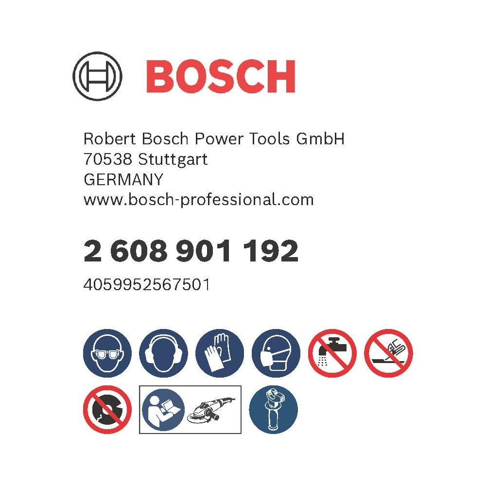 Bosch-Logo, Kontaktdaten, Produktnummern und Sicherheitssymbole.