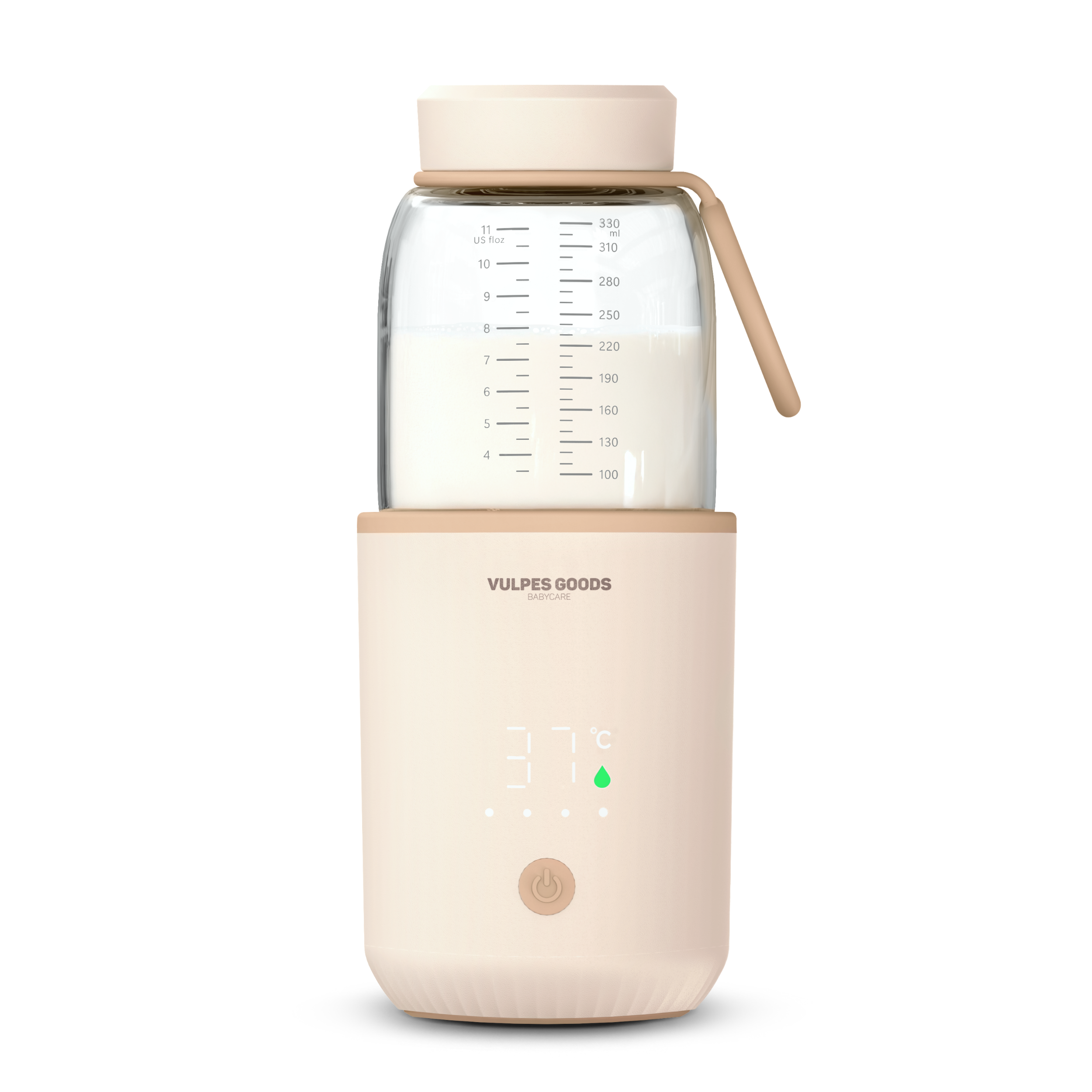 Een beige flessenwarmer met glazen fles gevuld met melk, met een temperatuurweergave.