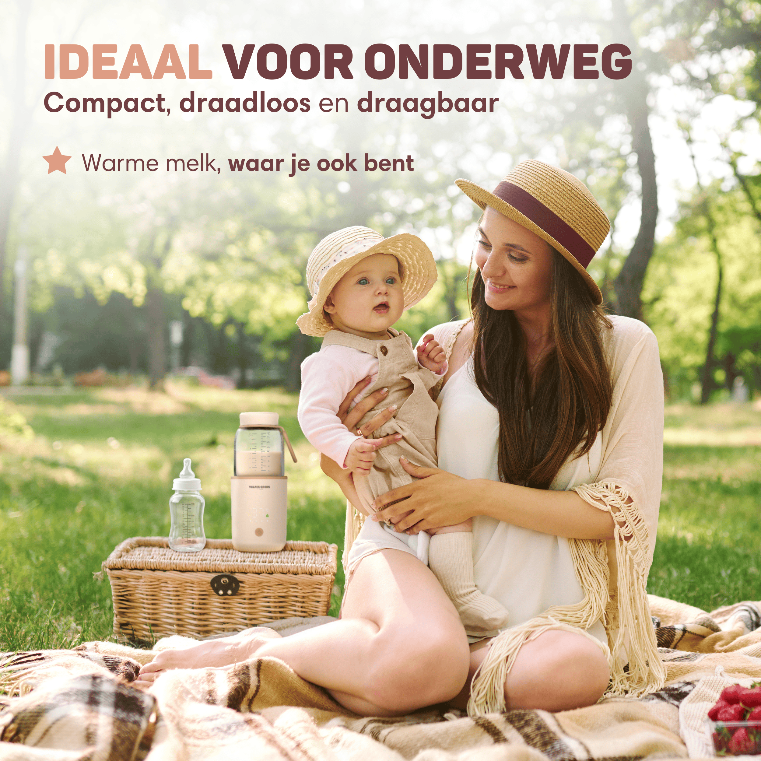 Vrouw en baby op picknickkleed met flessenwarmer en bessen.
