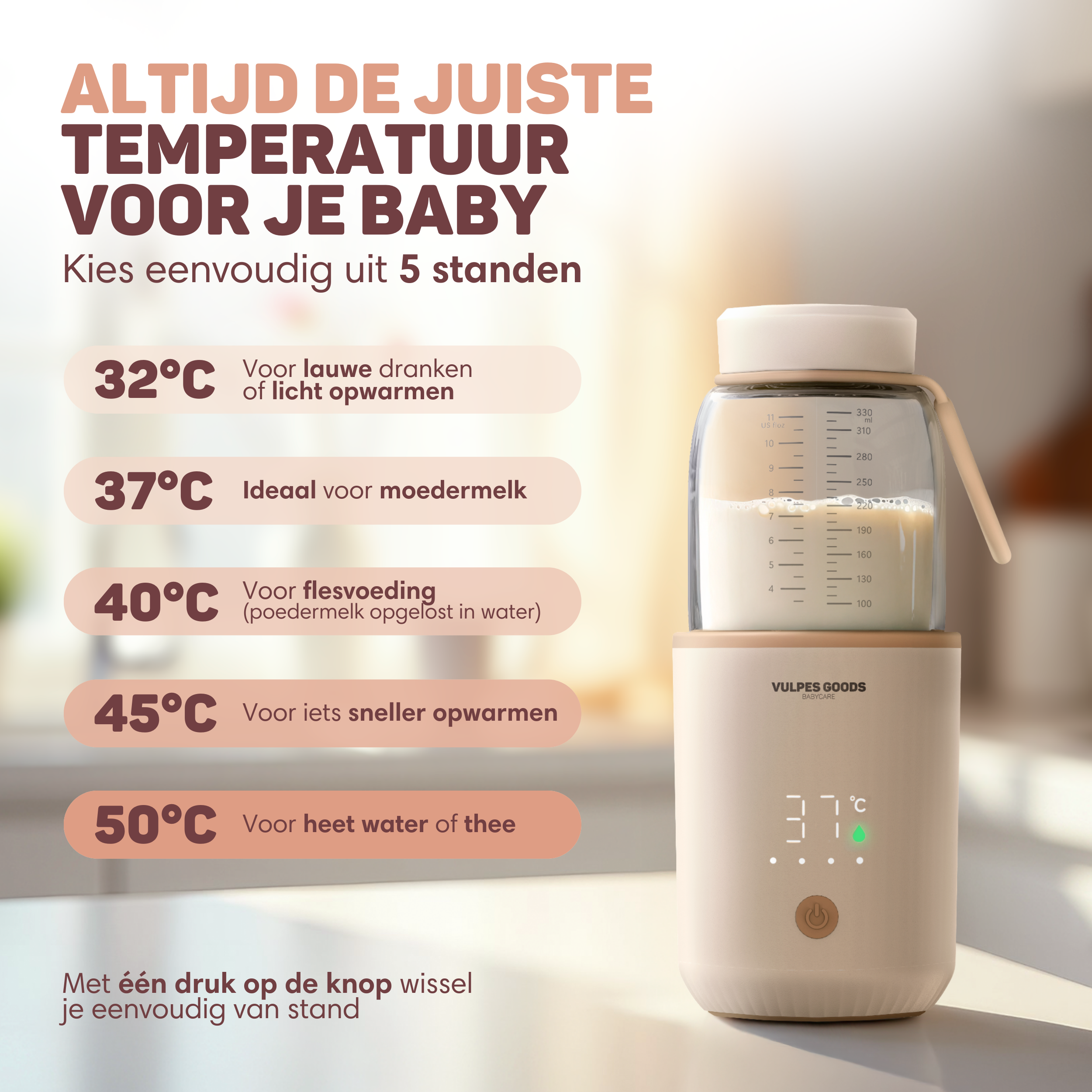 Een babyfleswarmer met glazen fles en verschillende temperatuurinstellingen.