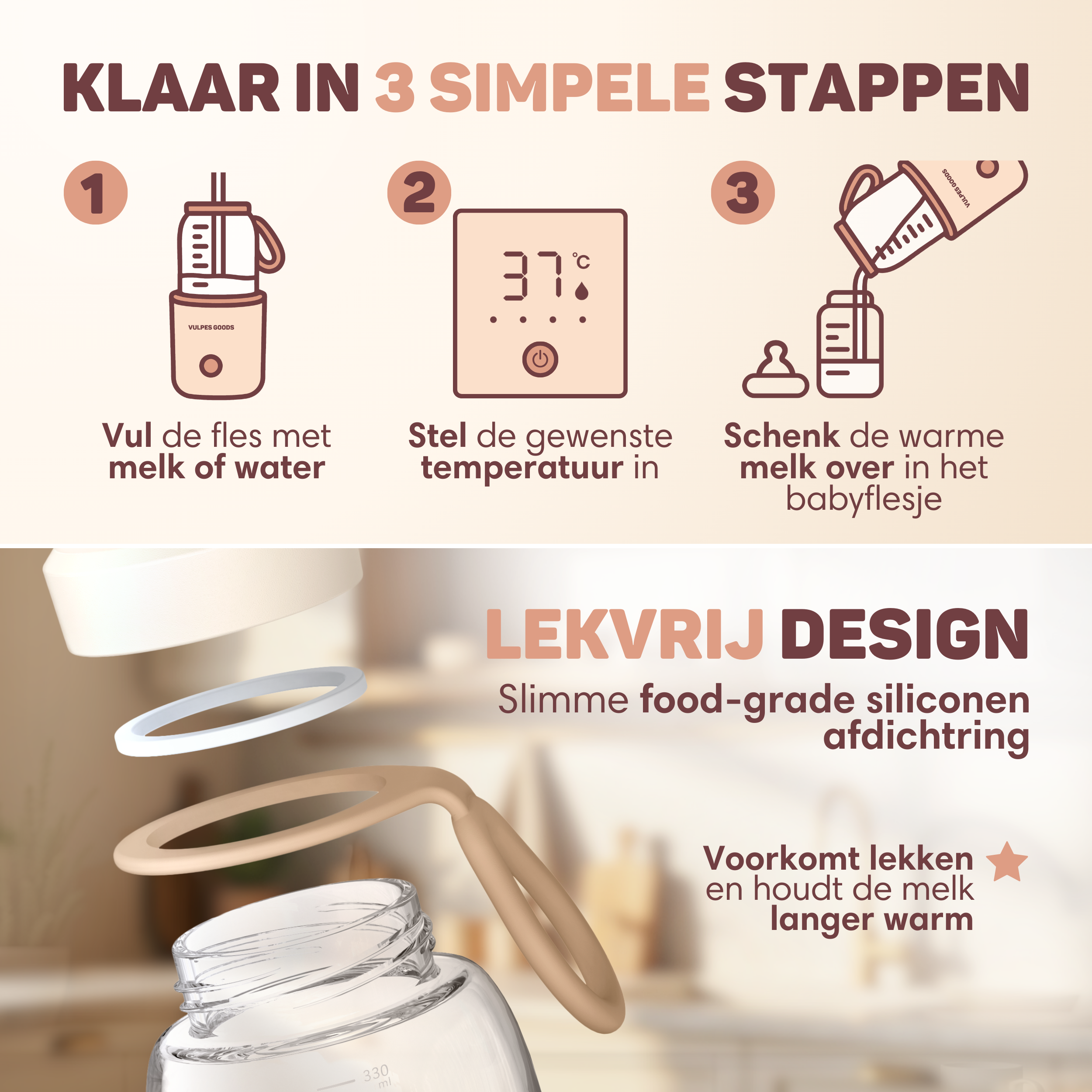 Instructies in 3 stappen: fles vullen, temp instellen, melk schenken.