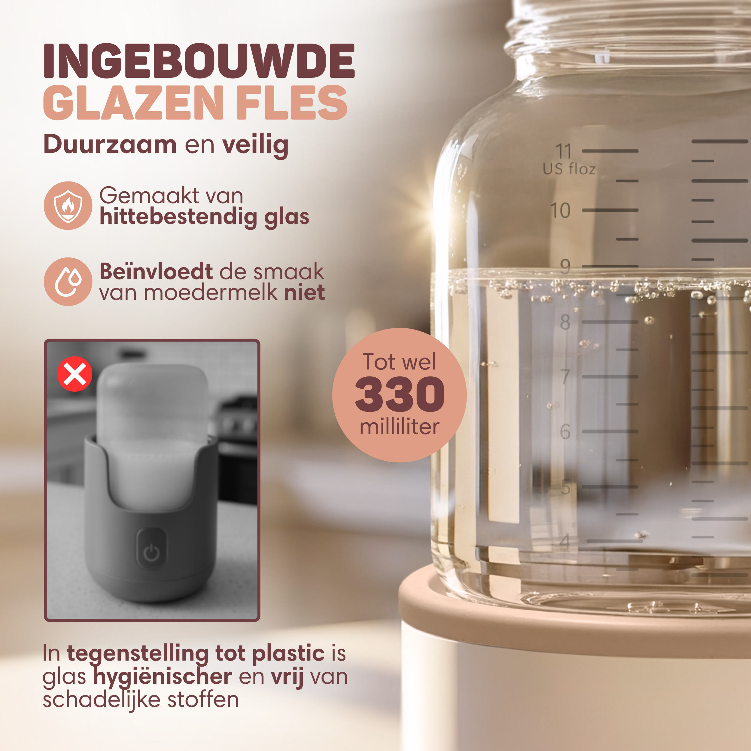 Glazen fles met maatstreepjes, 330 ml inhoud. Hittebestendig.
