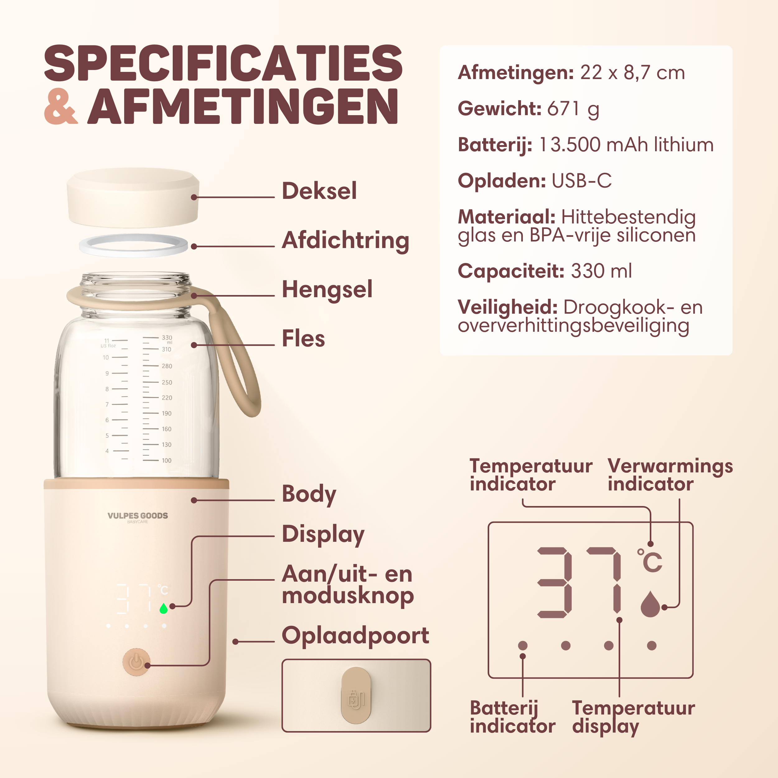 Een babyfleswarmer met deksel, afdichting, hengsel en digitaal display (37°C).