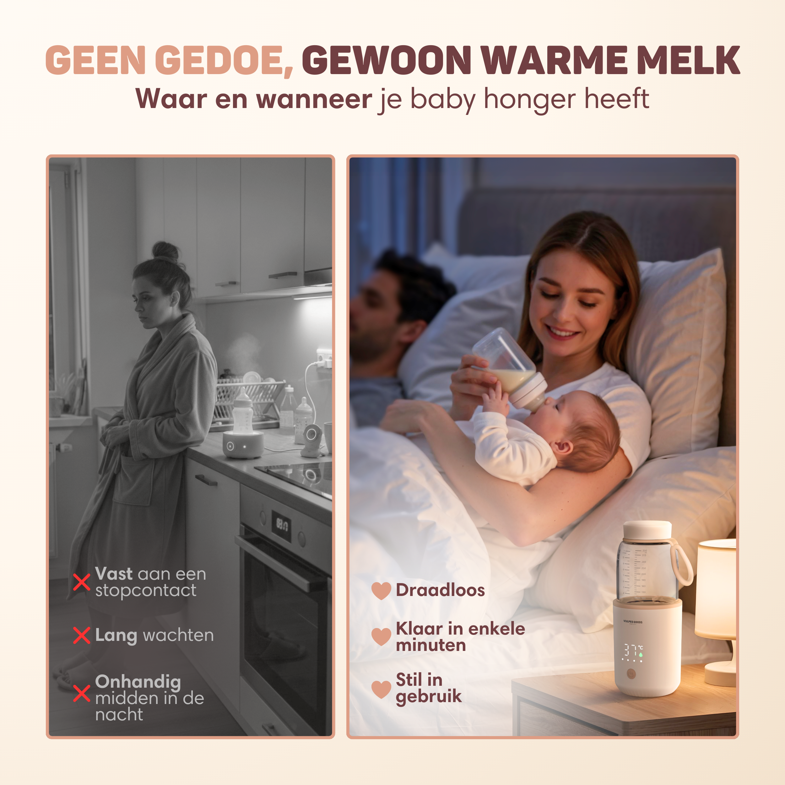 Een gesplitste afbeelding toont een vrouw in de keuken en een moeder die haar baby voedt.