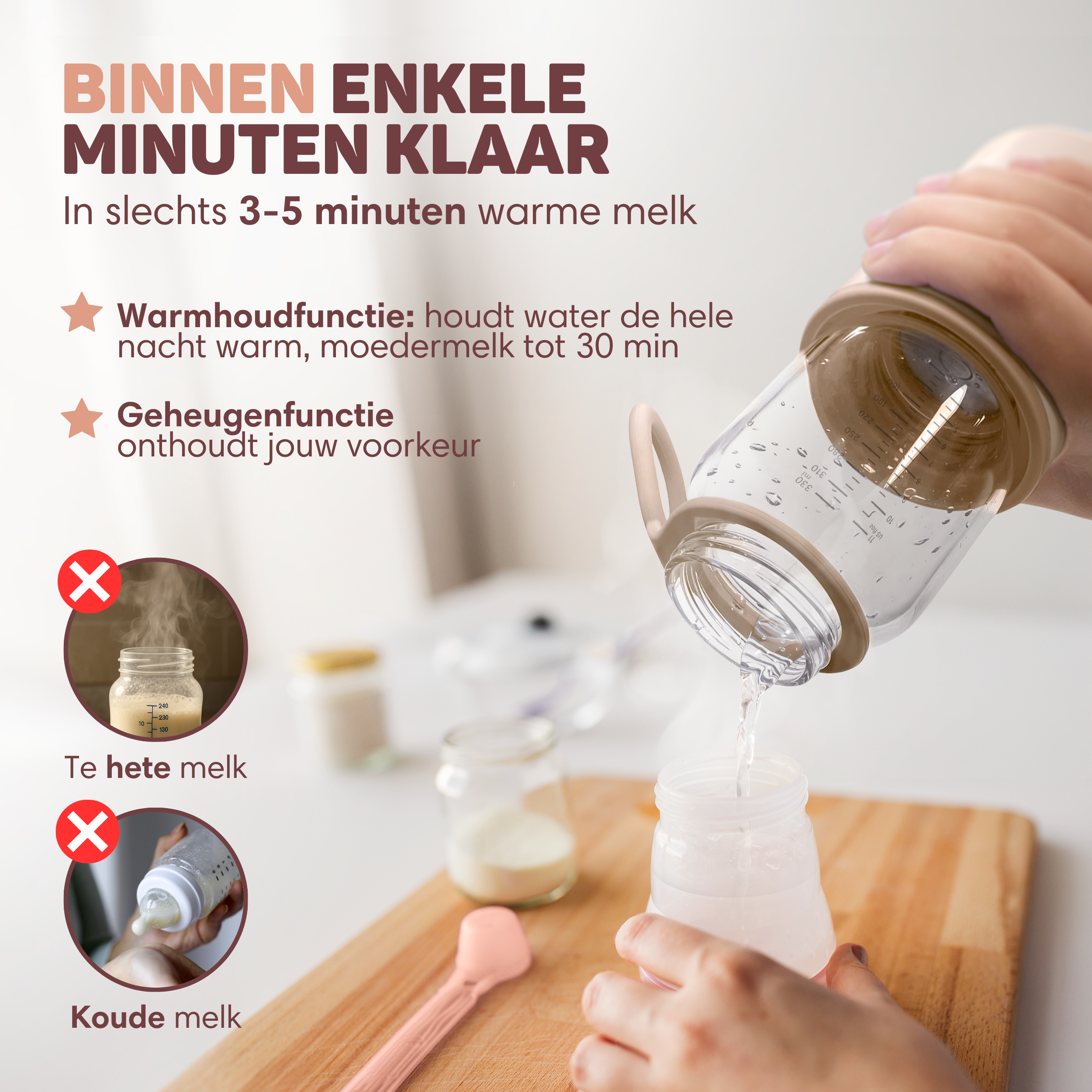 Een hand giet water uit een maatbeker in een babyfles. Tekst legt functies uit.