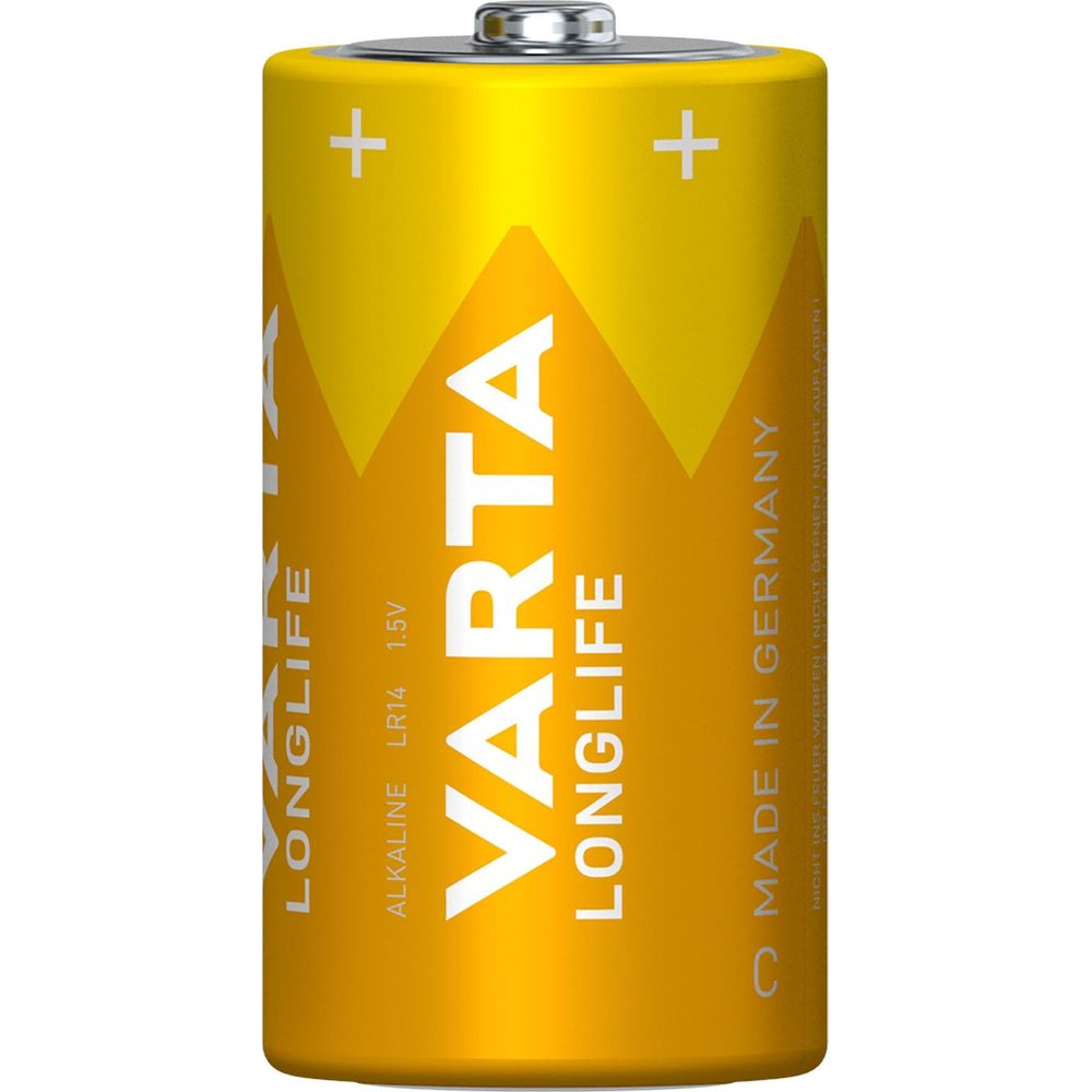 Bateria Varta Longlife AA, żółta z czarnym napisem, biegun dodatni u góry.