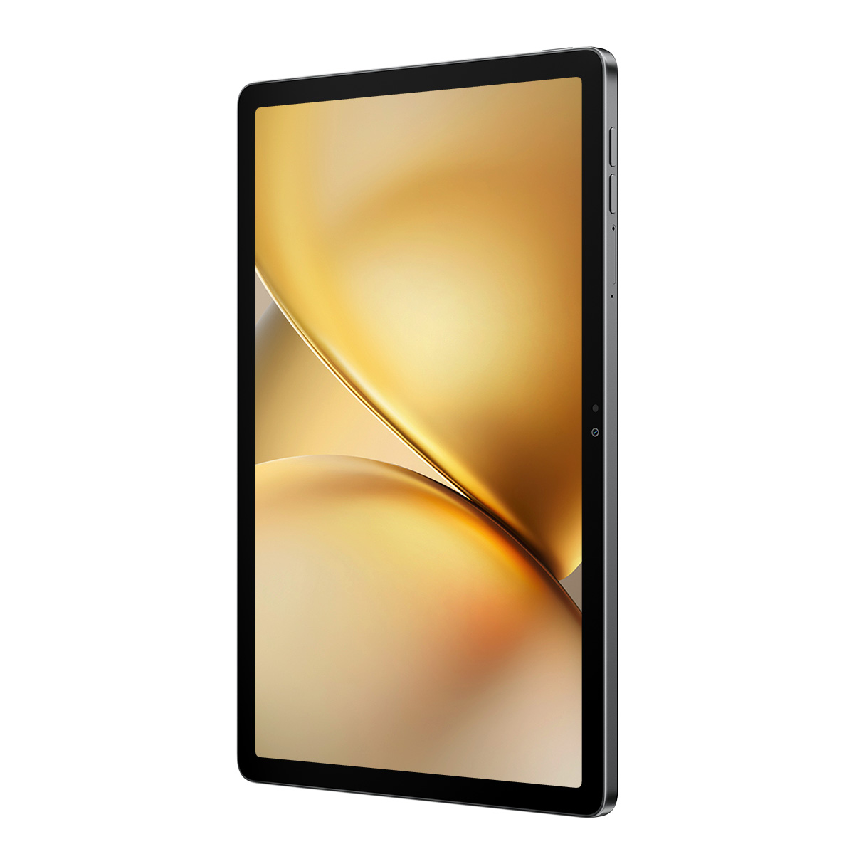 Een donkere tablet met een gouden abstracte achtergrond wordt op wit getoond.