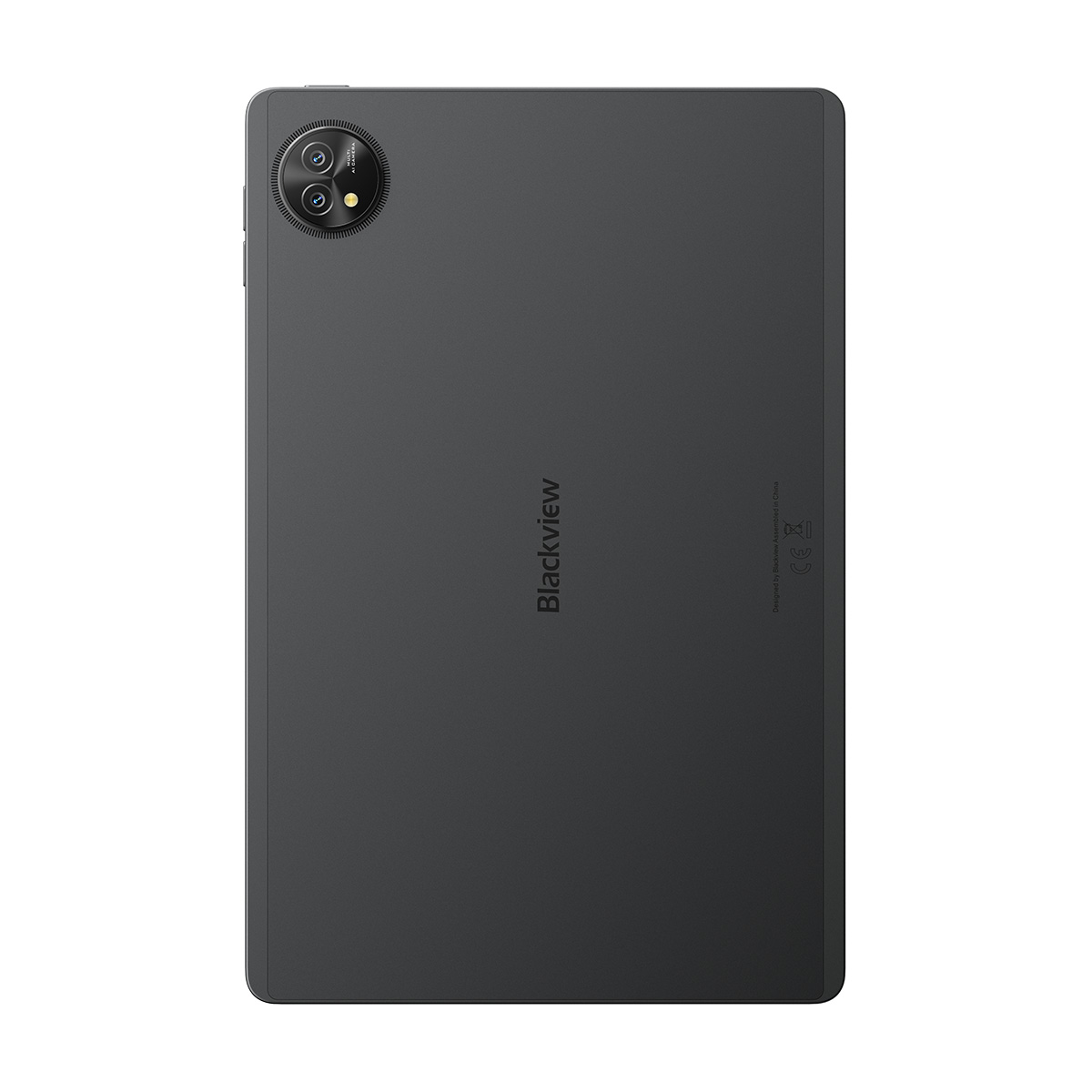 Achterkant van een zwarte tablet met camera's en logo.