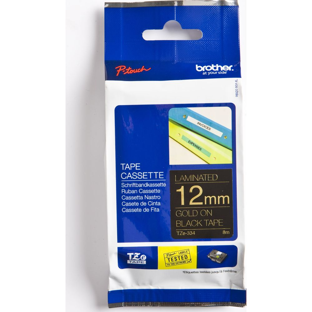 Brother P-Touch TZe-334 Kassette, 12mm Gold auf schwarzem Band.